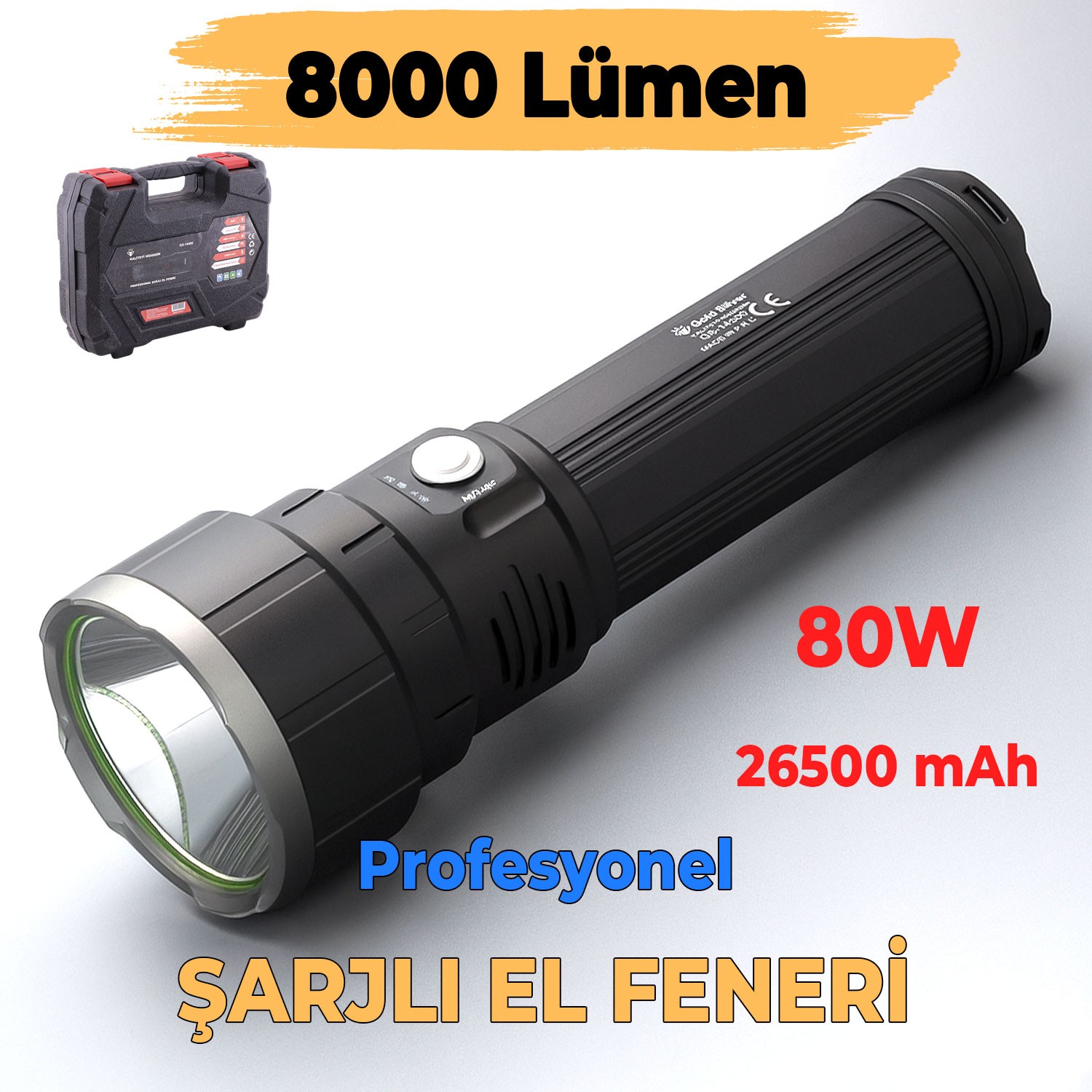 El Feneri 8000 Lümen 80W Uzun Menzil Metal Kasa Şarjlı Powerbank Ledli Işık Lambası Su Geçirmez Kamp