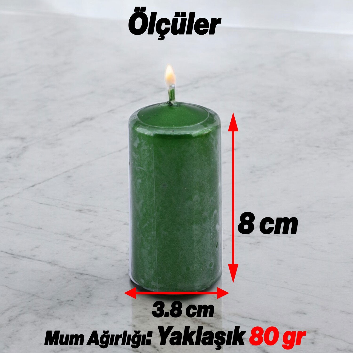 Baton Mum Metalik Kaplama Yeşil Silindir Dekoratif Mumu Kandil Hediyelik Mumlar Şamdan Kokusuz 8 cm