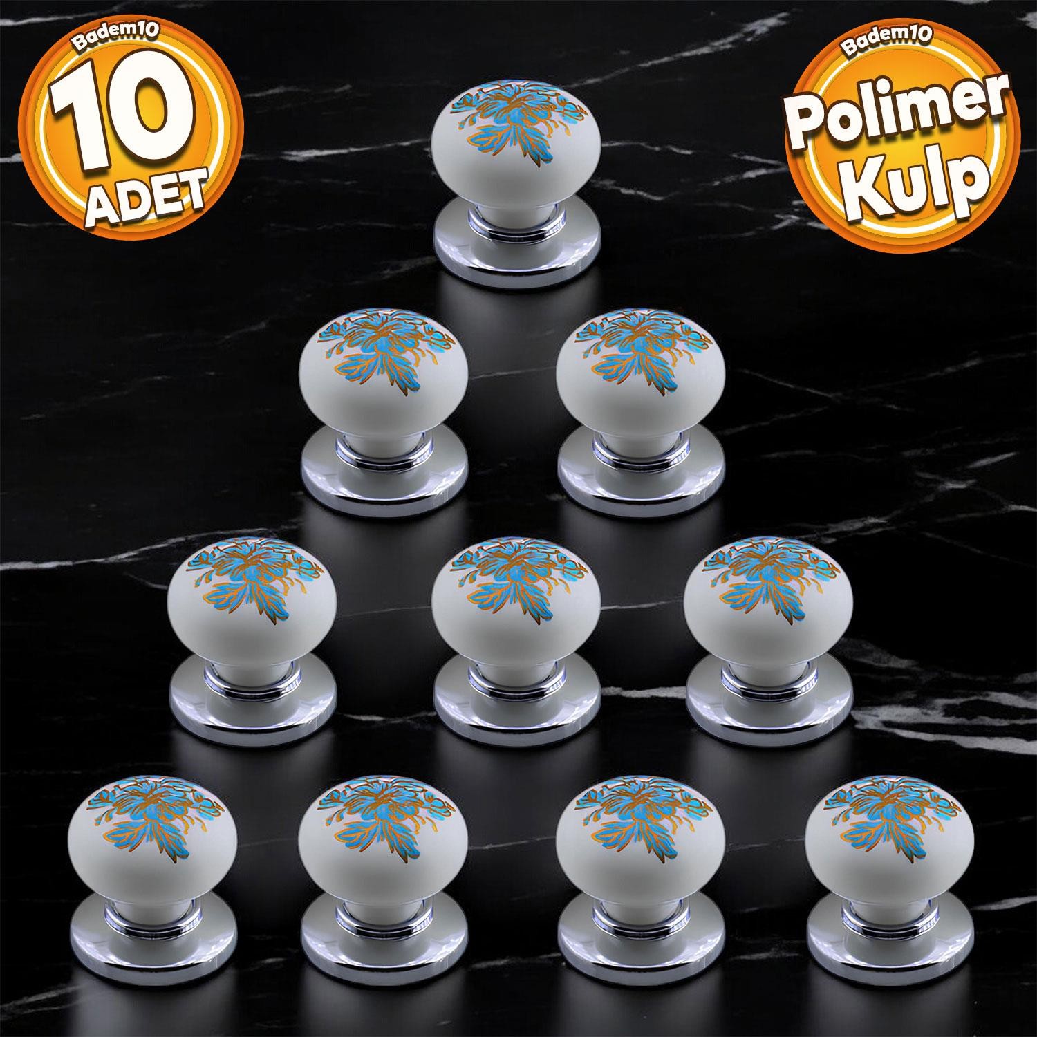 Polimer Kulp Düğme Mavi Çiçek Desenli Krom Tabla Mobilya Mutfak Dolabı Çekmece Kulpu Kulbu 10 ADET
