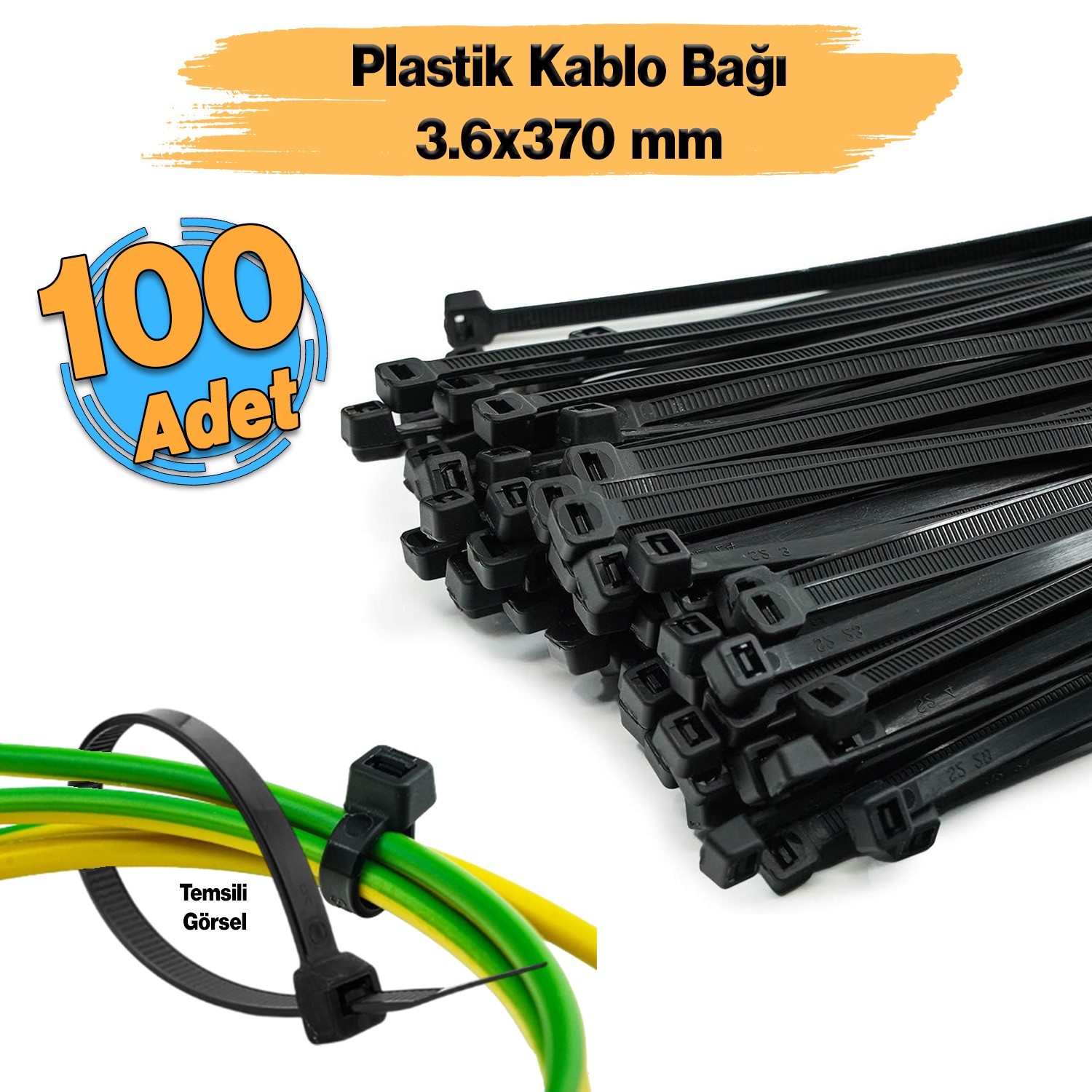 Cırt Kelepçe 3,6x370 mm Plastik 100 Adet Siyah Renk Zip Kablo Bağı Çok Amaçlı Bağlama Uzun