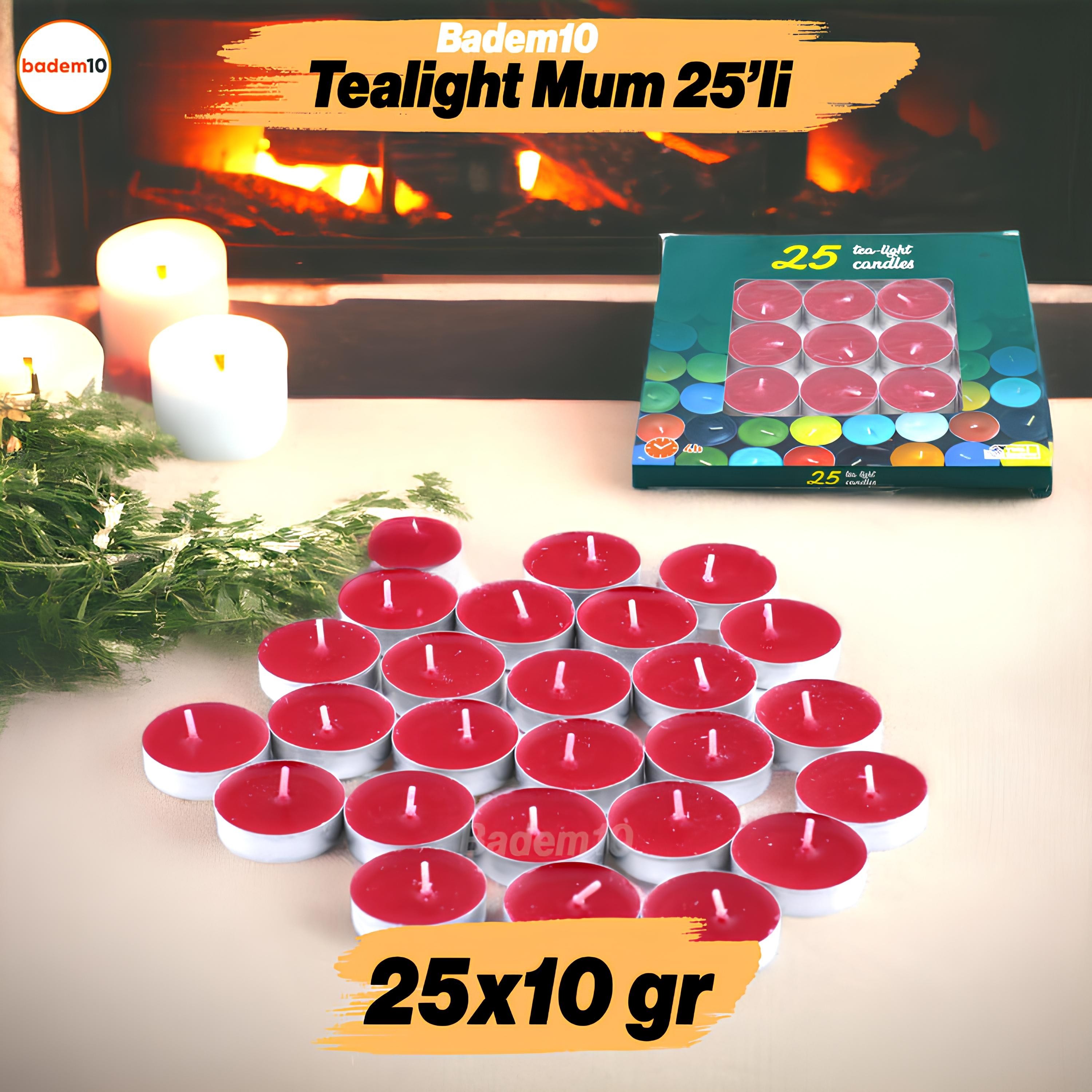 Tealight Mum 25x10 Gr Dekoratif Mumu Kandil Hediyelik Fitilli Mumluk Şamdan Kırmızı Renk Kokusuz