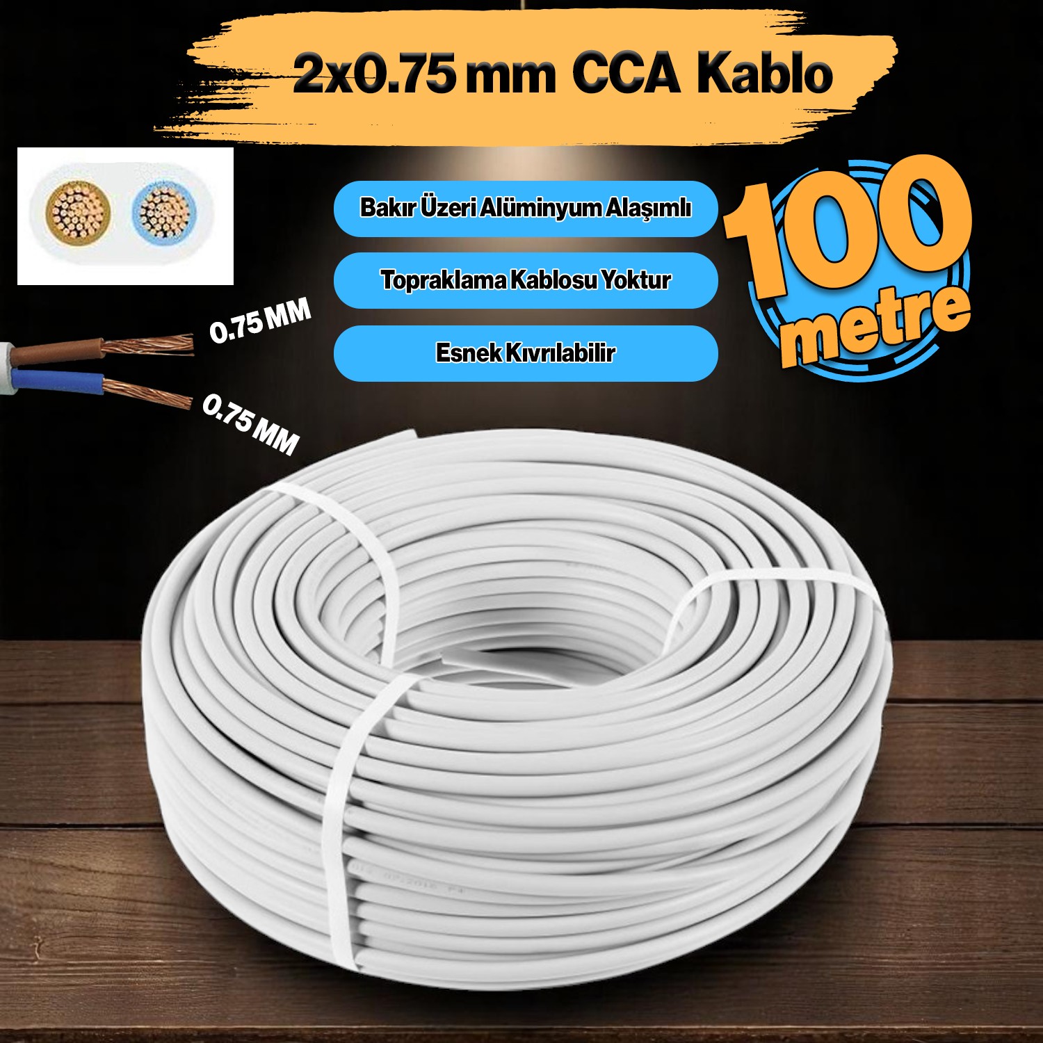 TTR CCA Çok Telli Elektrik Kablosu Bakır İletken Damarlı Beyaz Kablo 2x0.75 mm 100 Metre