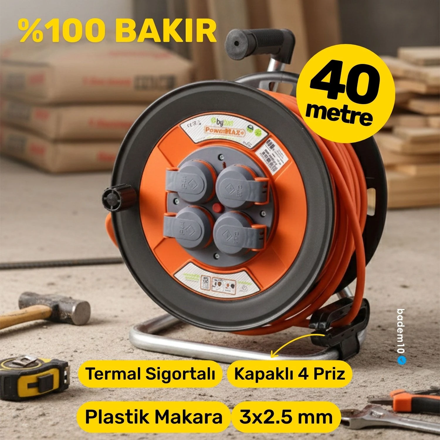Plastik Makaralı Kablo Uzatma Kablosu % 100 BAKIR 40 Metre 3x2.5 mm Termal Sigortalı Seyyar 4 Prizli