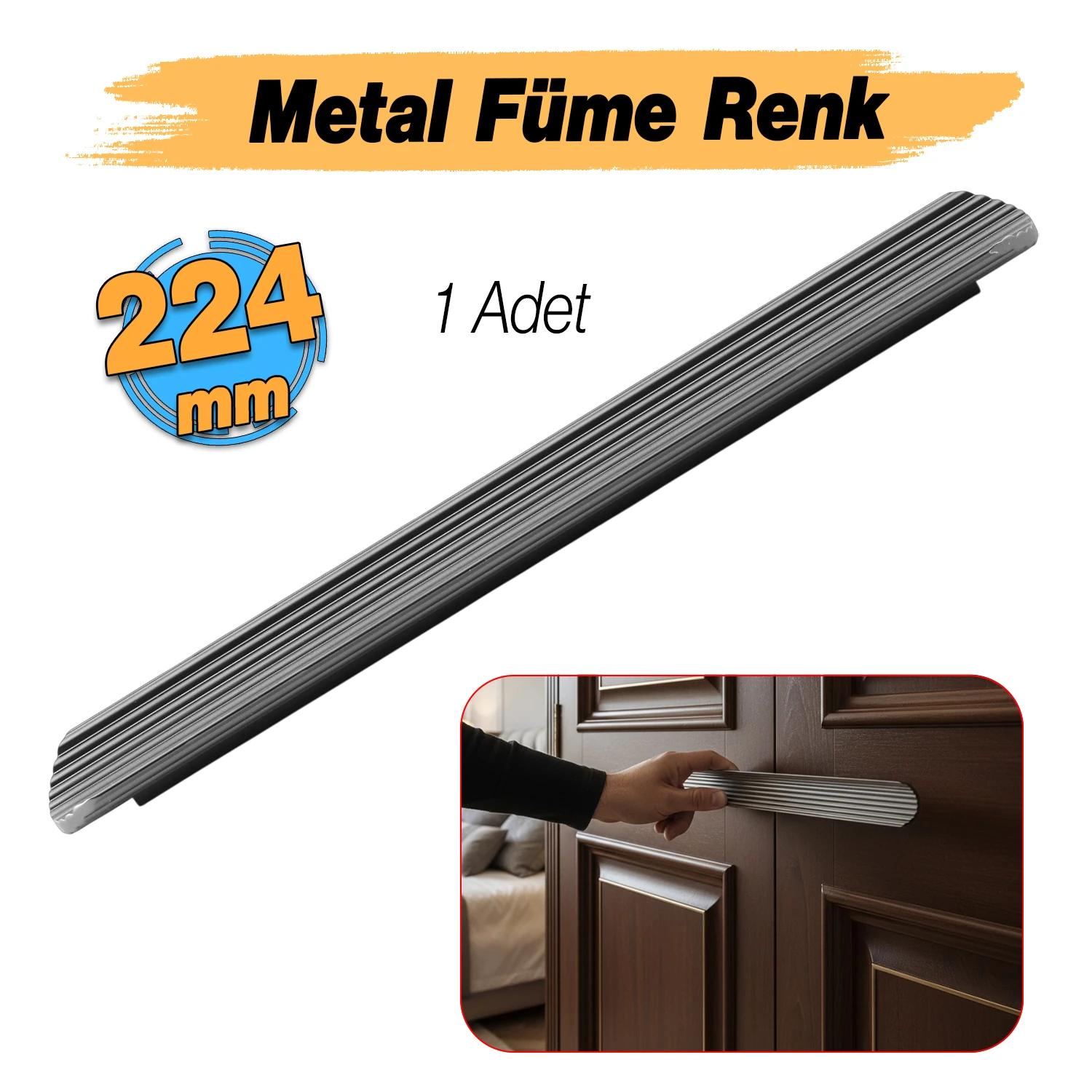 Kanal Kulp Füme Kanallı Çizgili 224 mm 24 cm Metal Mobilya Çekmece Dolap Kapak Kulpu Modern Kulplar