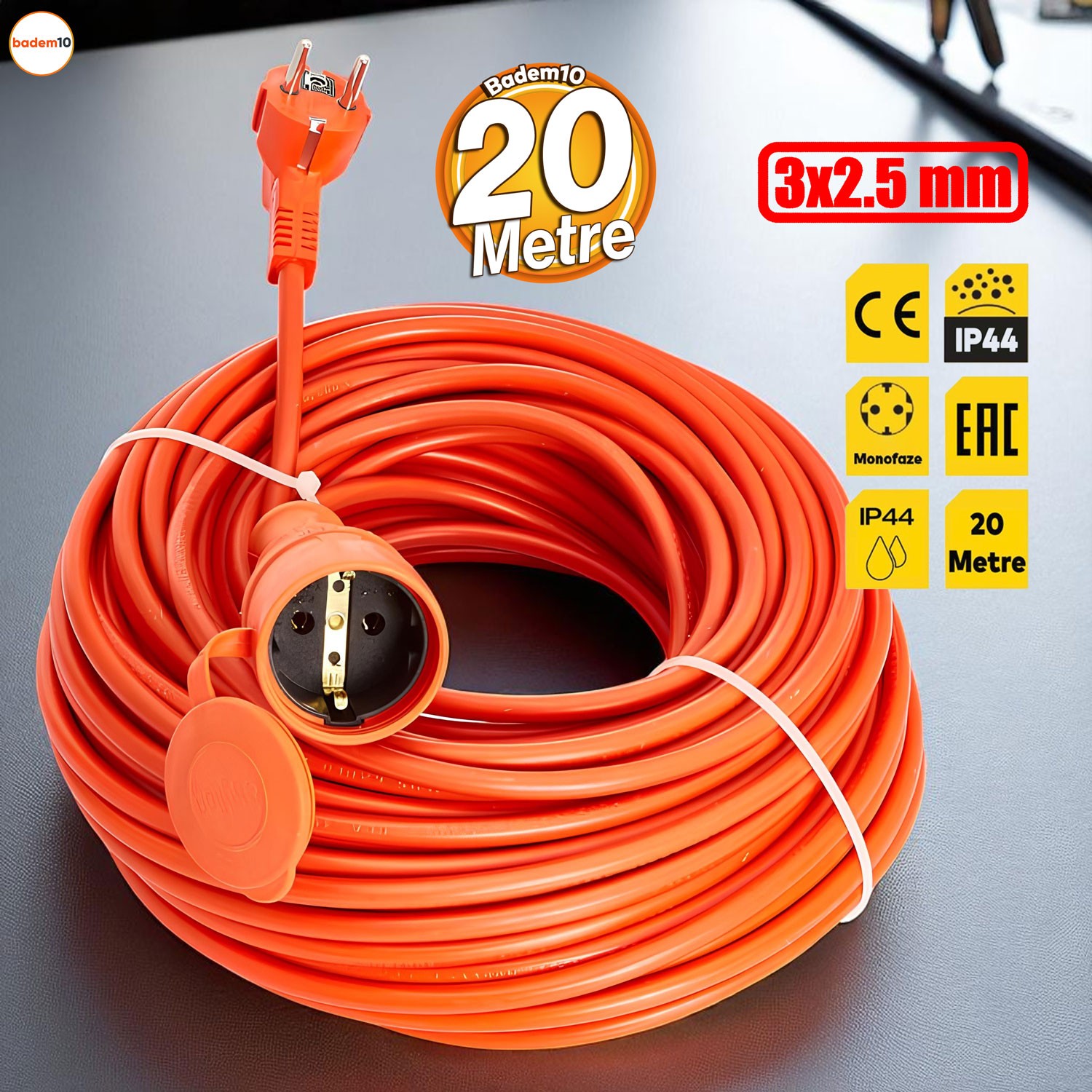 Cca Turuncu 3x2.5 Mm 20 Metre Dış mekan Kablo Seyyar Uzatma Kablosu Prizli Bahçe İçin Suya Dayanıklı