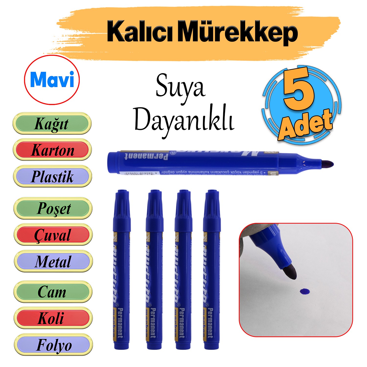 Kalıcı Çıkmaz Koli Kalemi Suya Dayanıklı İşaretleme Markalama Mavi Kalem Metal Cam Çuval 5 ADET