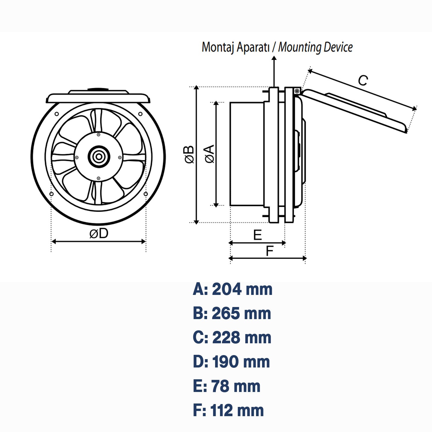 Baca Tipi Kapaklı Aspiratör Sessiz 200 mm Havalandırma Fan Ev ve Sanayi Tipi Güçlü Hava Koku Emişli