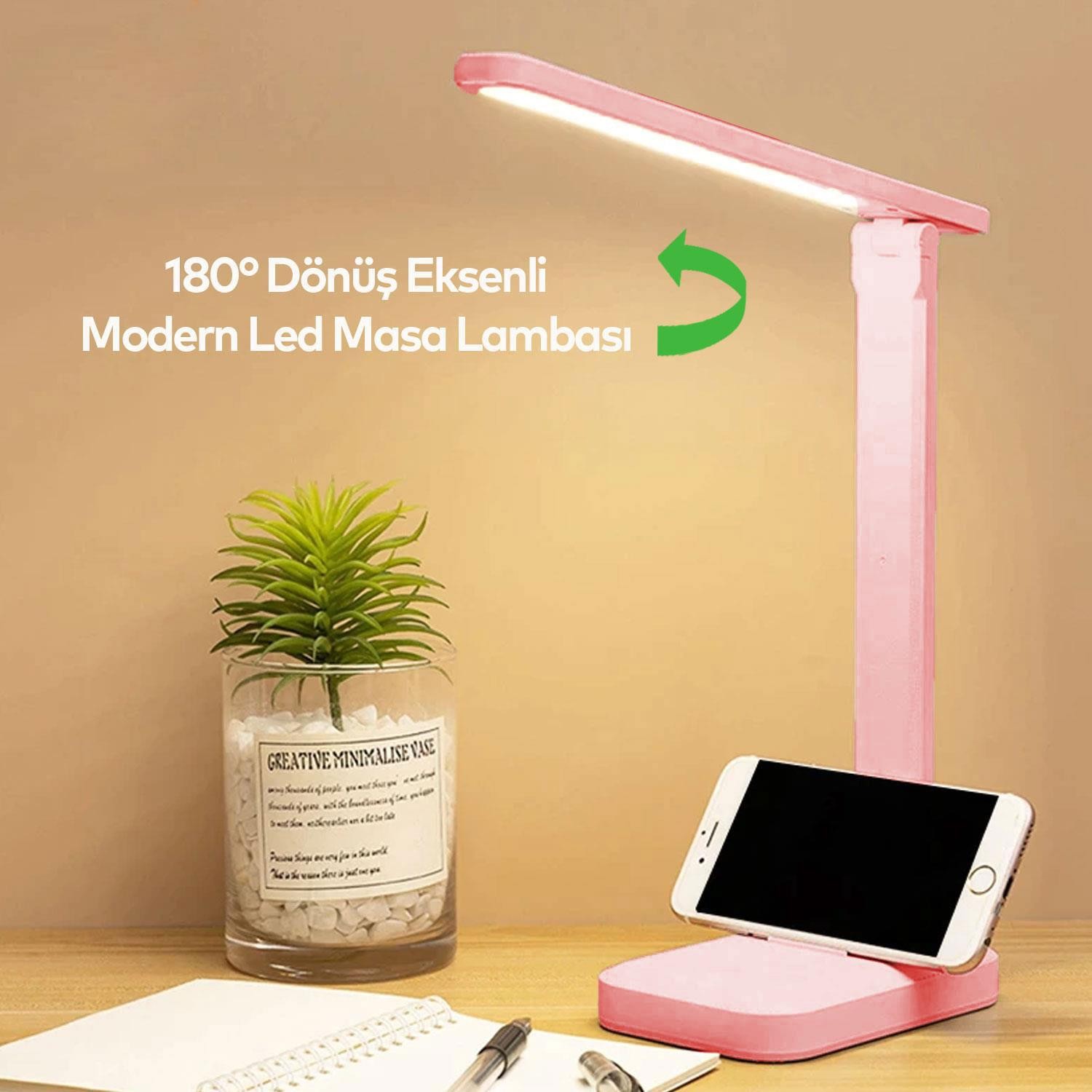 Şarjlı Masa Lambası Led 3 Modlu Oynar Başlıklı Dokunmatik Işık ve Renk Ayarlı Çalışma Okuma Işığı Gece Lambası Pembe
