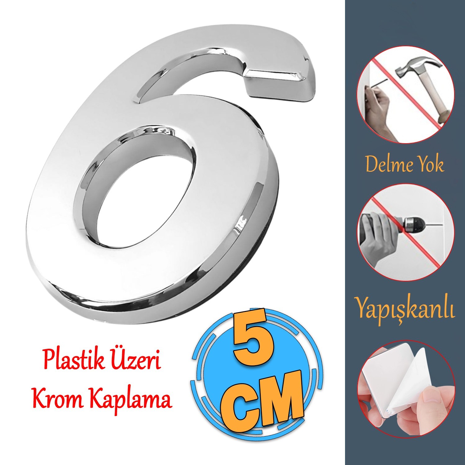 Yapışkanlı Kapı Numarası Küçük Boy 50 mm 5 cm Numara 6 Rakam Altı Sayısı Krom Renk Numaralar 1 Adet