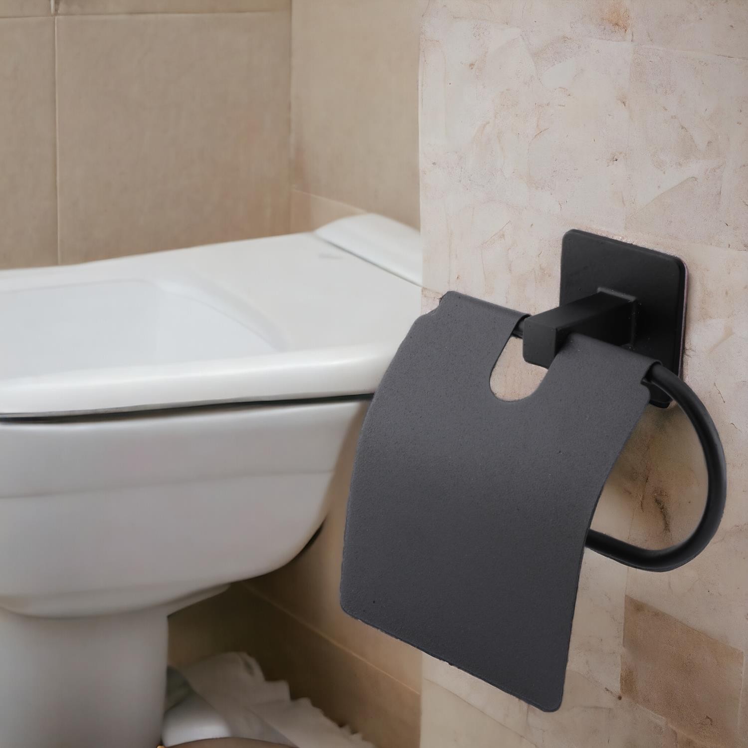 Tuvalet Kağıtlık Yapışkanlı Kapaklı Aparat WC Kağıt Standı Paslanmaz Metal Sağlam Siyah Estetik