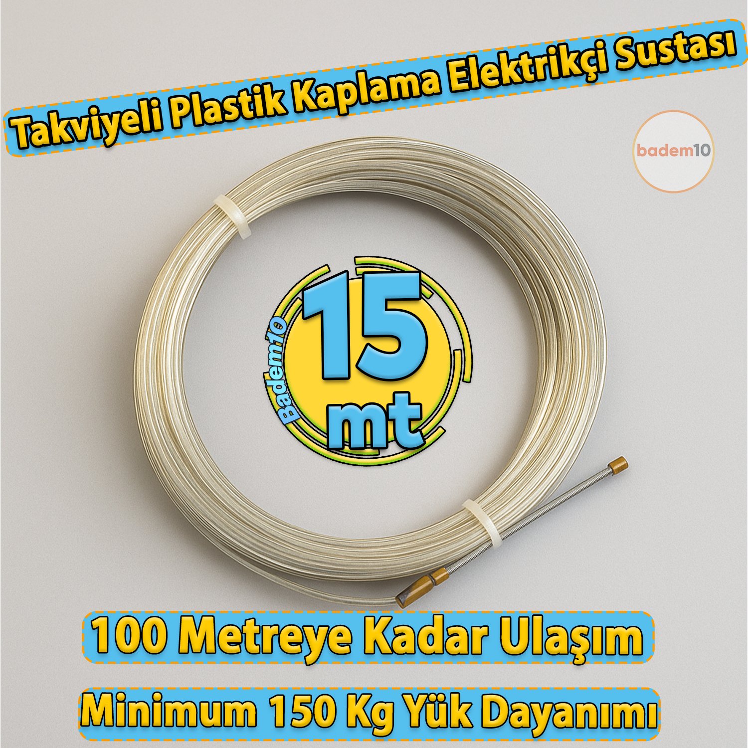 15 Metre Elektrikçi Sustası Spiral Kablo Çekme Teli Plastik Kaplamalı Kılavuz Tel Tesisat Uygulama