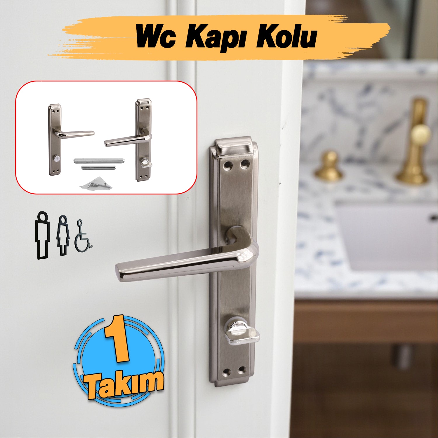 WC Banyo İç Kapı 1 Takım Kendinden Kilitli Kol Kolu Aynalı Sağa Sola Uygun Nikel Saten Metal Tutamak