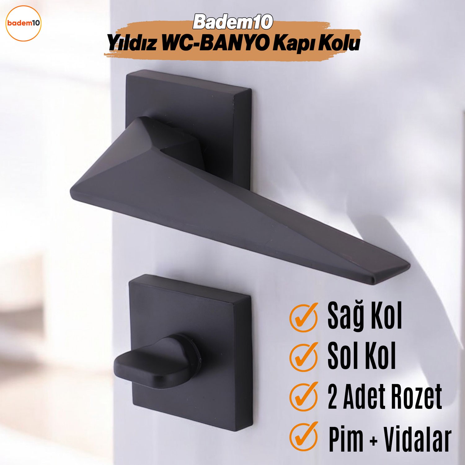 Yıldız WC - BANYO Siyah Kapı Kolu Kare Rozetli Ev Kapı Kolları Kilitlenebilir Sağ Sola Uygun 1 Takım