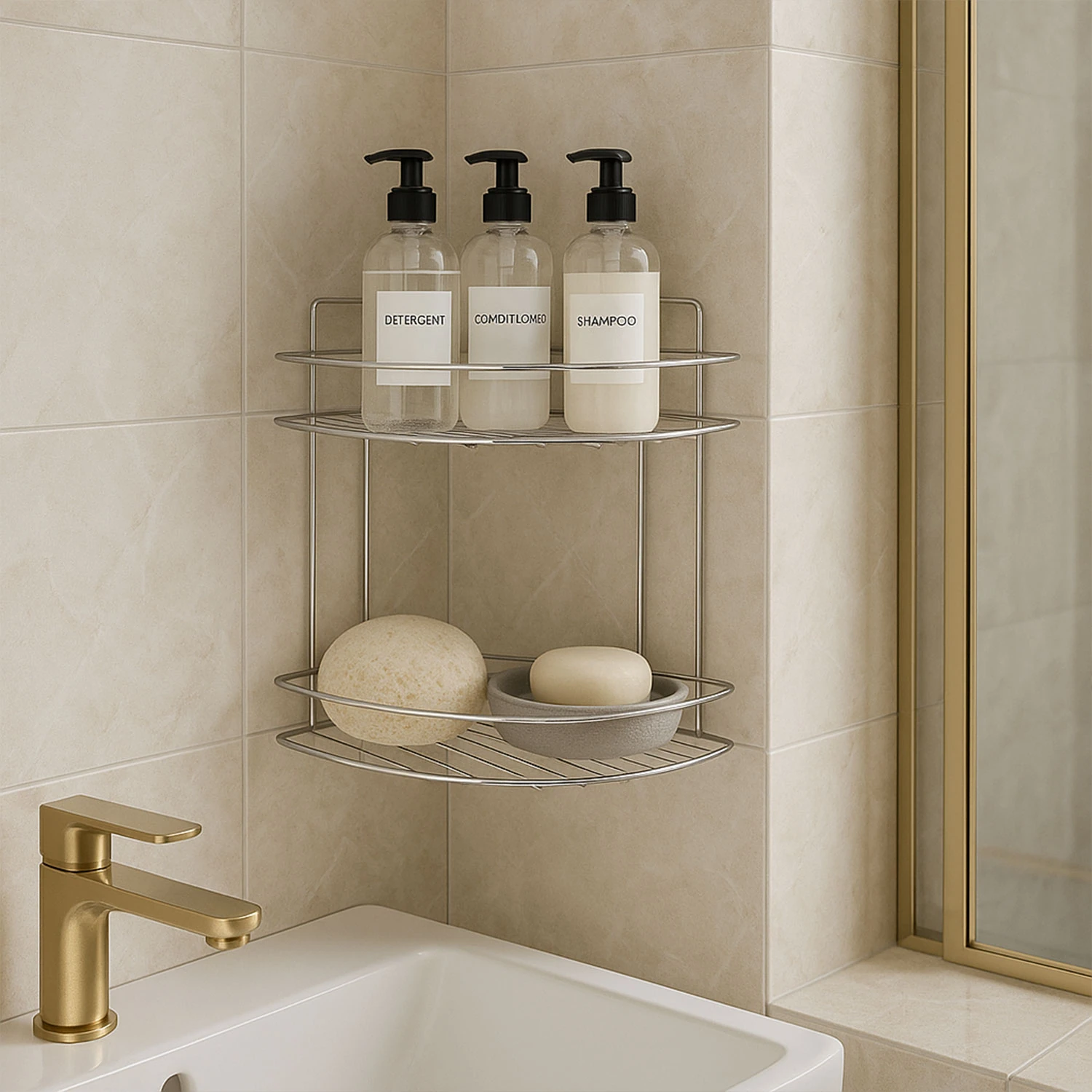 İki Katlı Krom Banyo Duş Köşe Rafı Paslanmaz Metal Şampuanlık Duvar Montajlı Düzenleyici Raf Seti