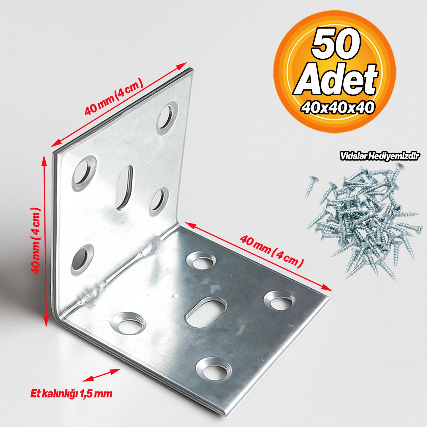 Metal L Demir 40x40x40 mm (50 Adet) Raf Dolap Mobilya Köşe Bağlantı Aparatı Duvar Sabitleme Seti