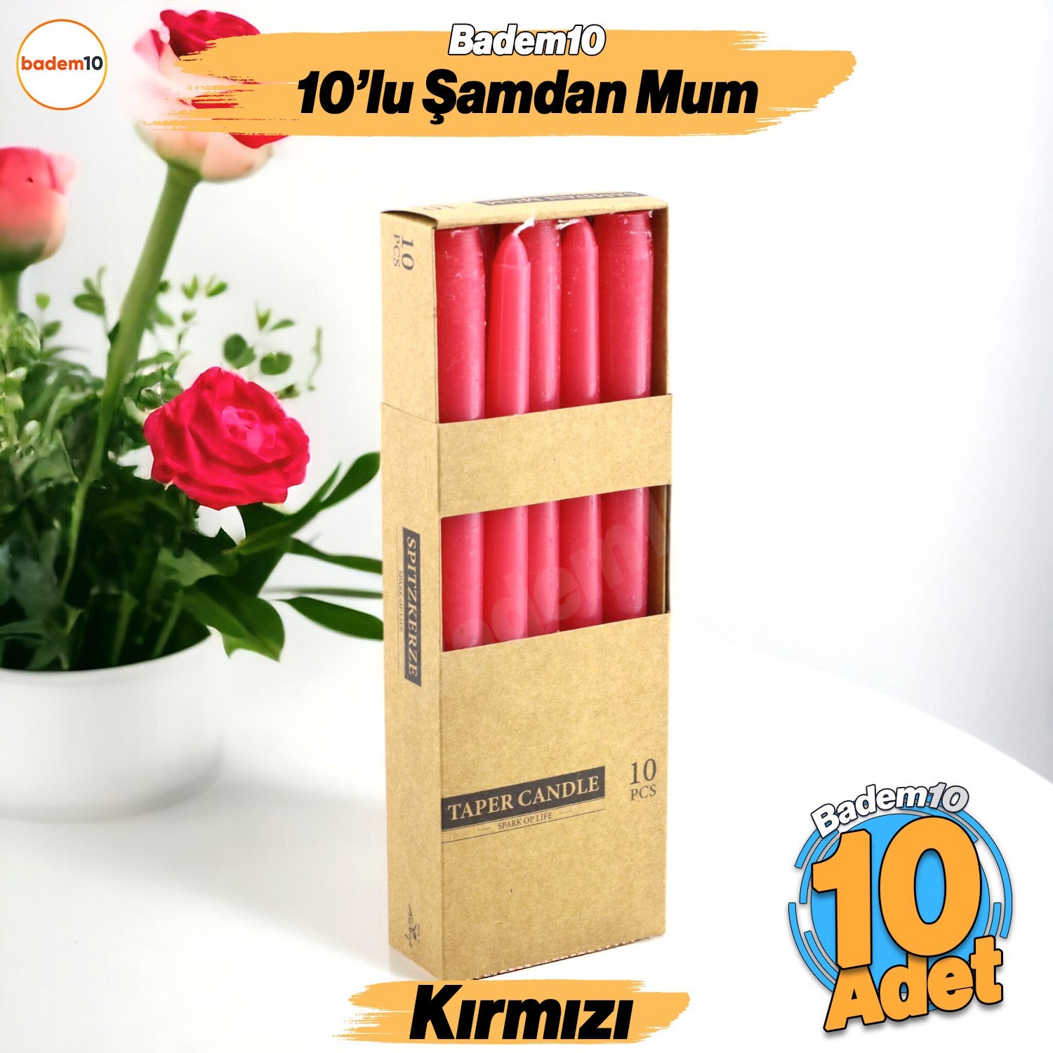 Şamdan Mum 10'lu Düz Kırmızı Dekoratif Mumu Kandil Hediyelik Fitilli Mumluk 25 cm