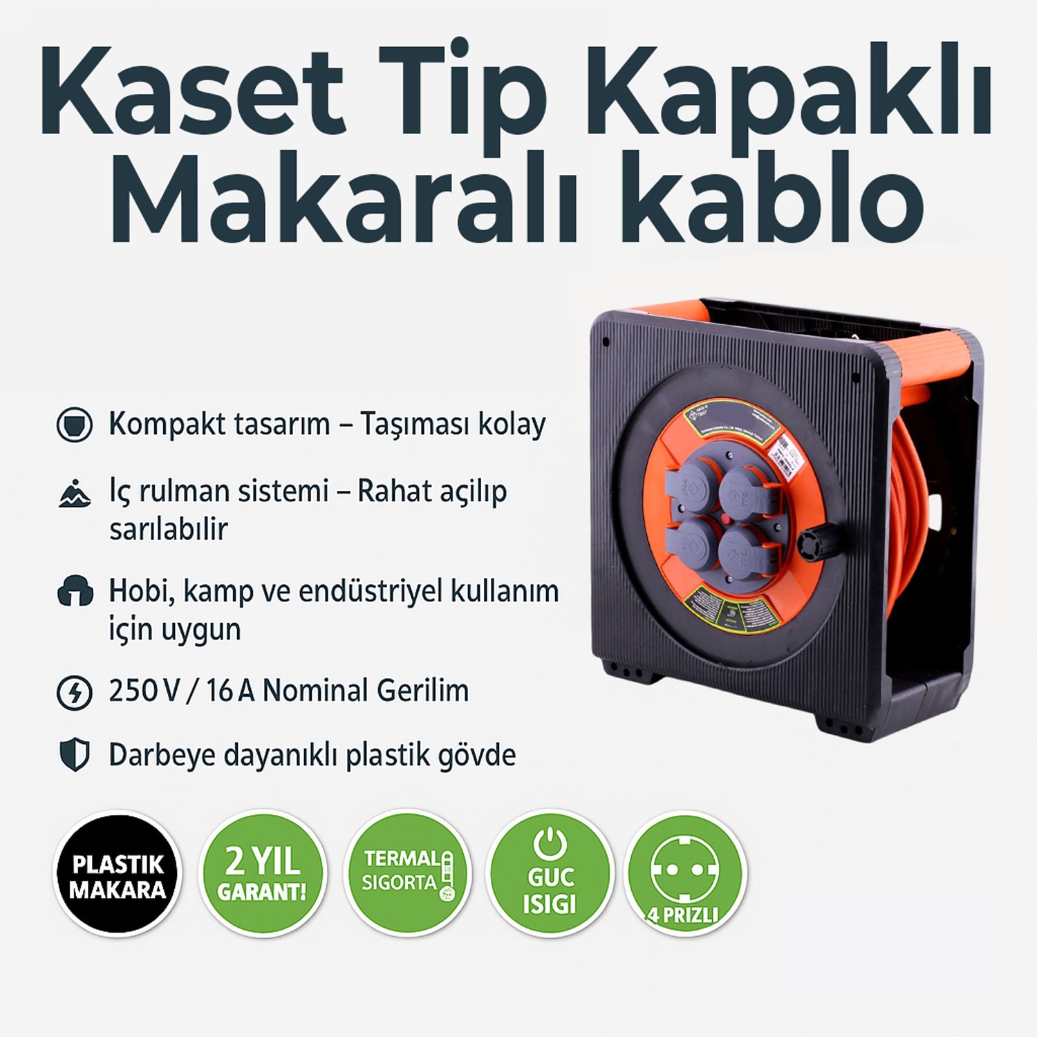Makaralı 3x2.5 mm 20 Mt CCA Uzatma Kablosu Kapaklı 4 Prizli Monofaze Termal Sigortalı Plastik Seyyar