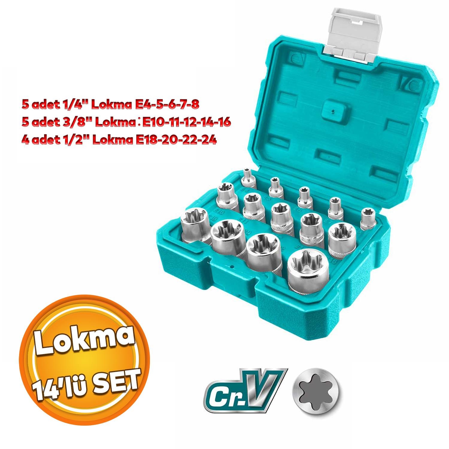 Total THKTETS0114 Yıldız Lokma Takımı 14 Lü Set 1/4 3/8 1/2 Cr-V Çelik Soket