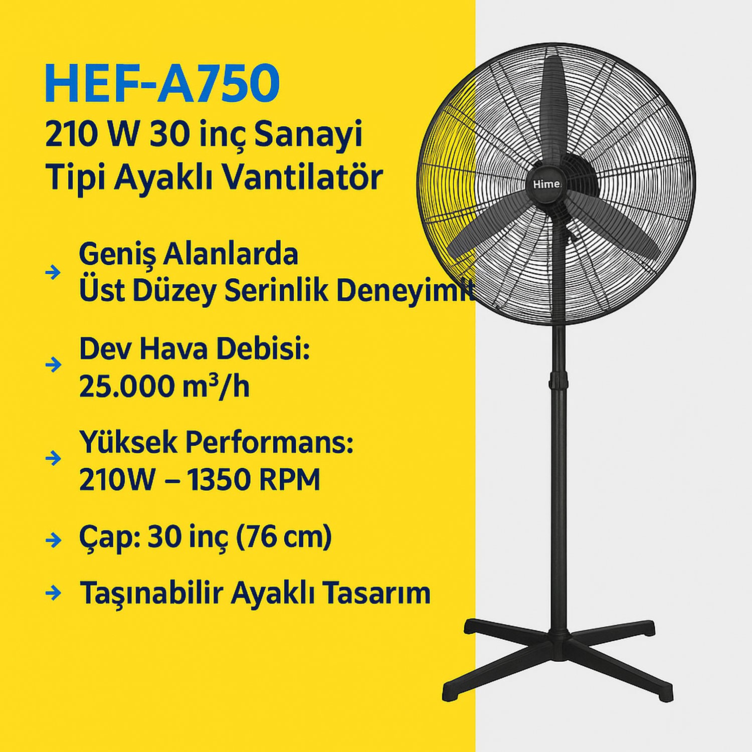 Sanayi Tipi 75 cm 210W Ayaklı Vantilatör Sessiz Geniş Alanlara Uygun Endüstriyel Güçlü Fan
