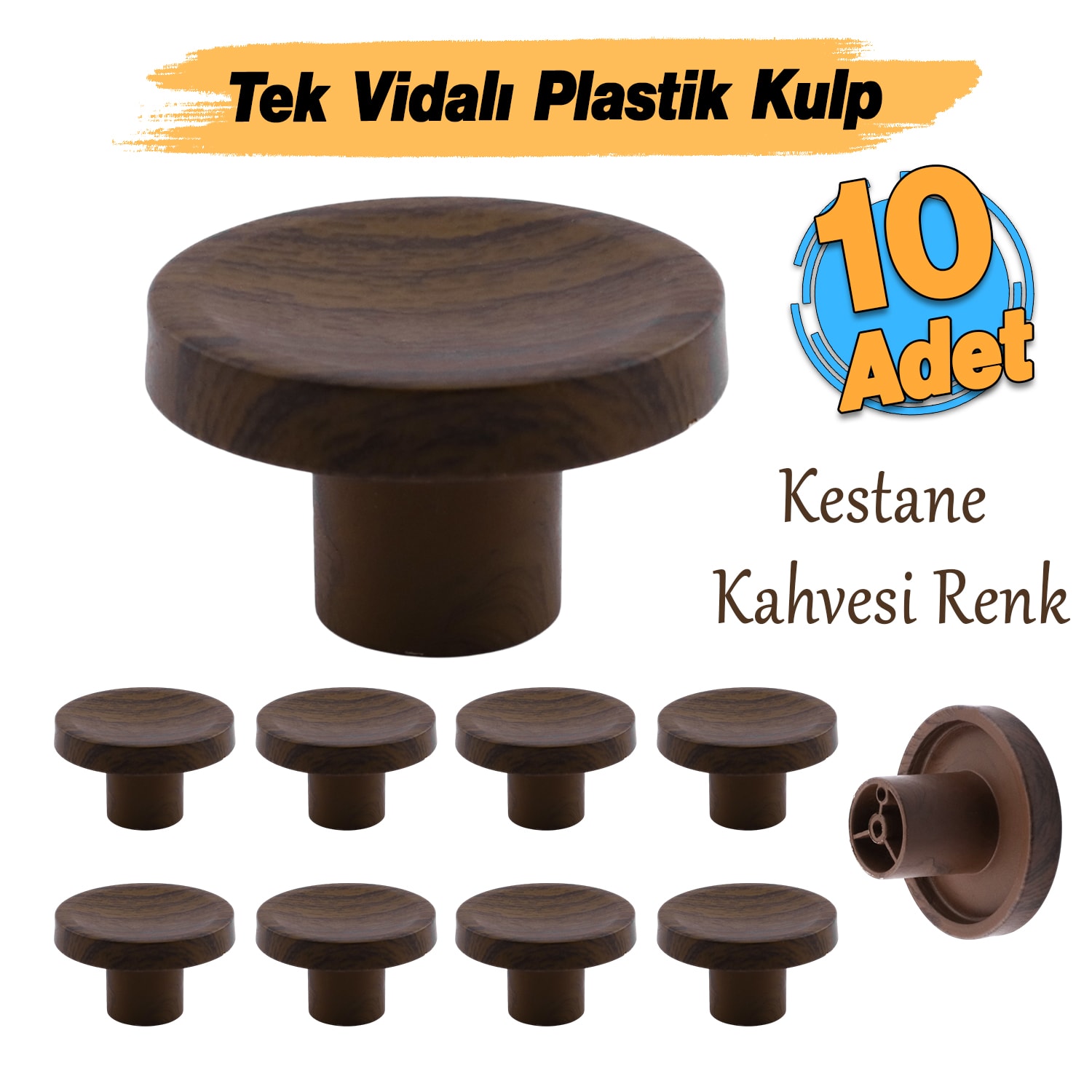 Tek Vidalı (10 Adet) İç Bükey Plastik Düğme Kulp Kestane Kahvesi Mobilya Dolap Çekmece Kulpu Kulbu