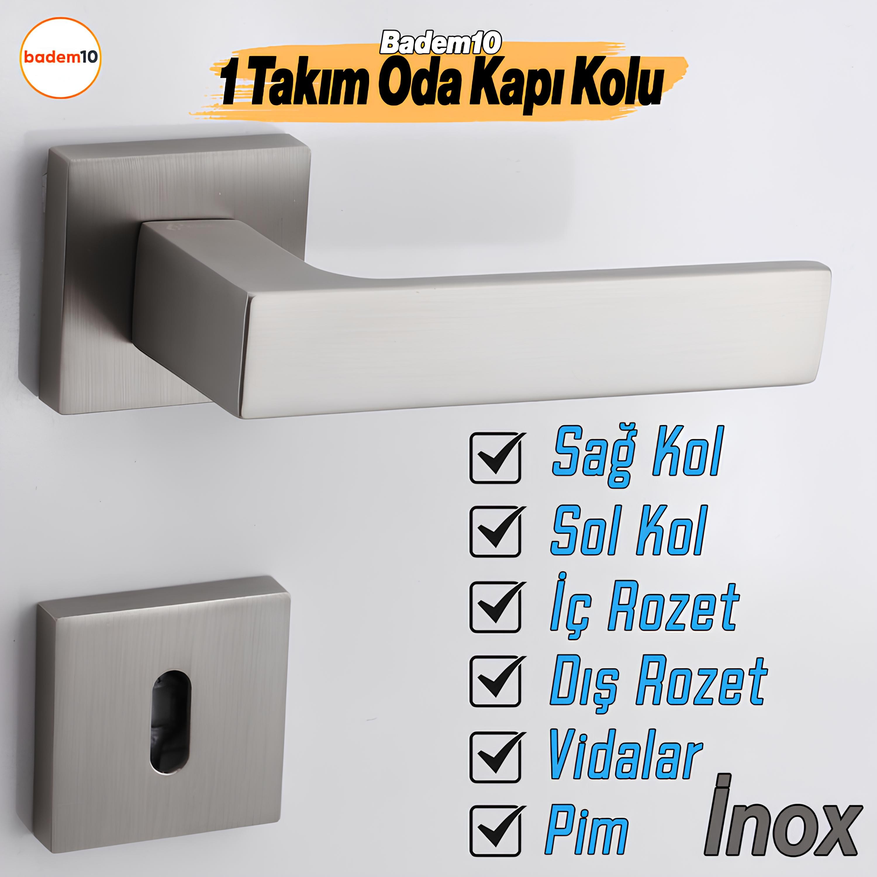 Paytak İNOX Oda Kapı Kolu Kare Rozetli Sağa Sola Uygun İç Dış Ev Oda Kapısı Kilitlenebilir 1 Takım