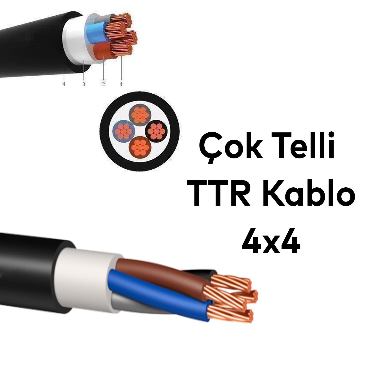 TTR CCA Çok Telli Elektrik Kablosu Topraklı Bakır İletken Damarlı Siyah Kablo 4x4 100 Metre