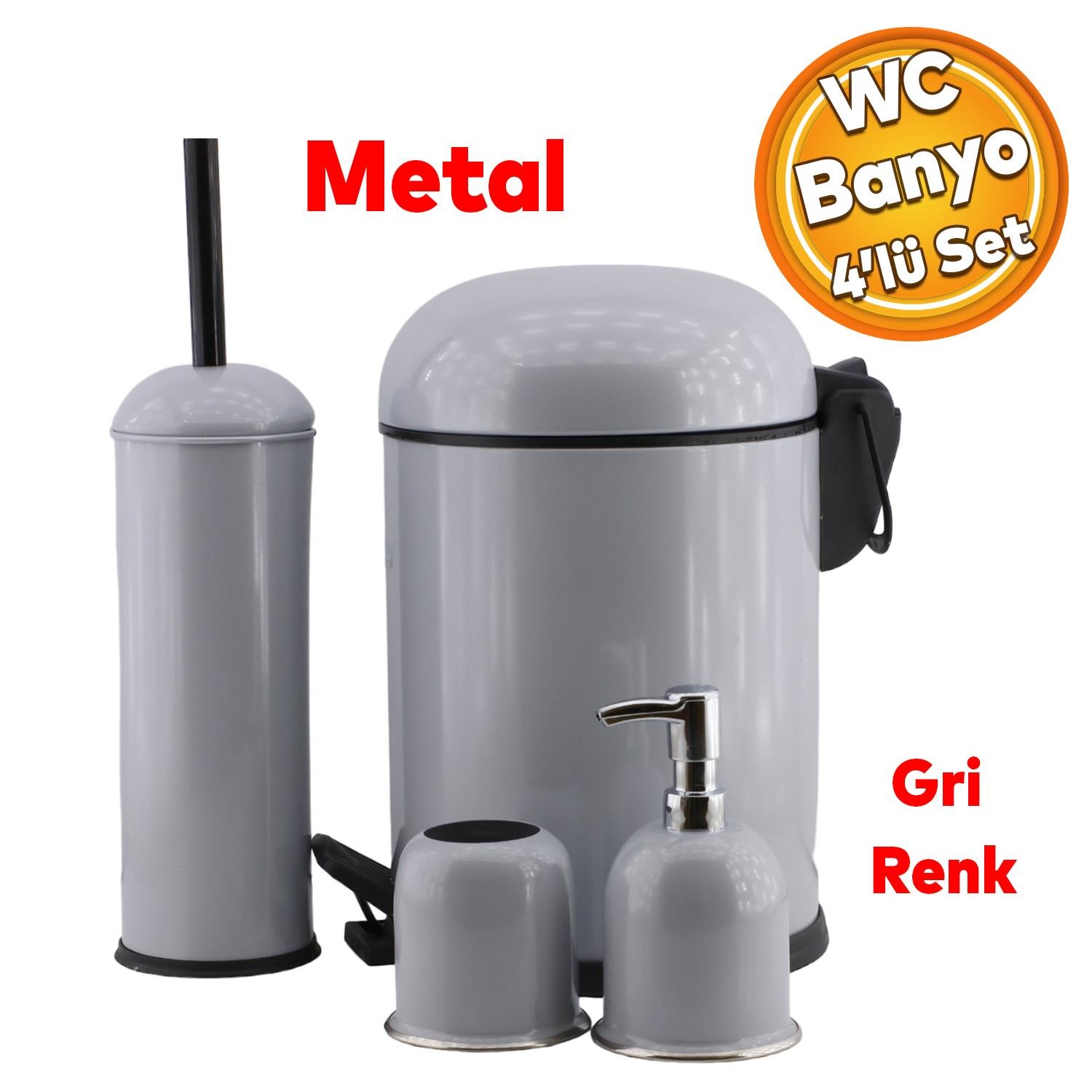 Emayhome Ev Ofis WC Banyo Gri Metal 4'lü Set Sabunluk Fırça Diş Fırçalık Çöp Kova Seti
