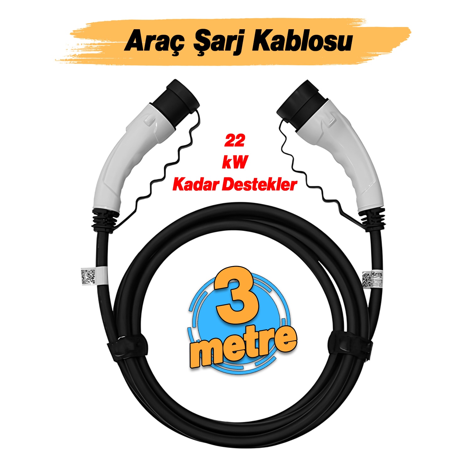 (3 Metre) Araç Şarj Kablosu 22 kW 3 Faz Type-2 Soket Elektrikli Çift taraflı Soketli Tak Çıkart