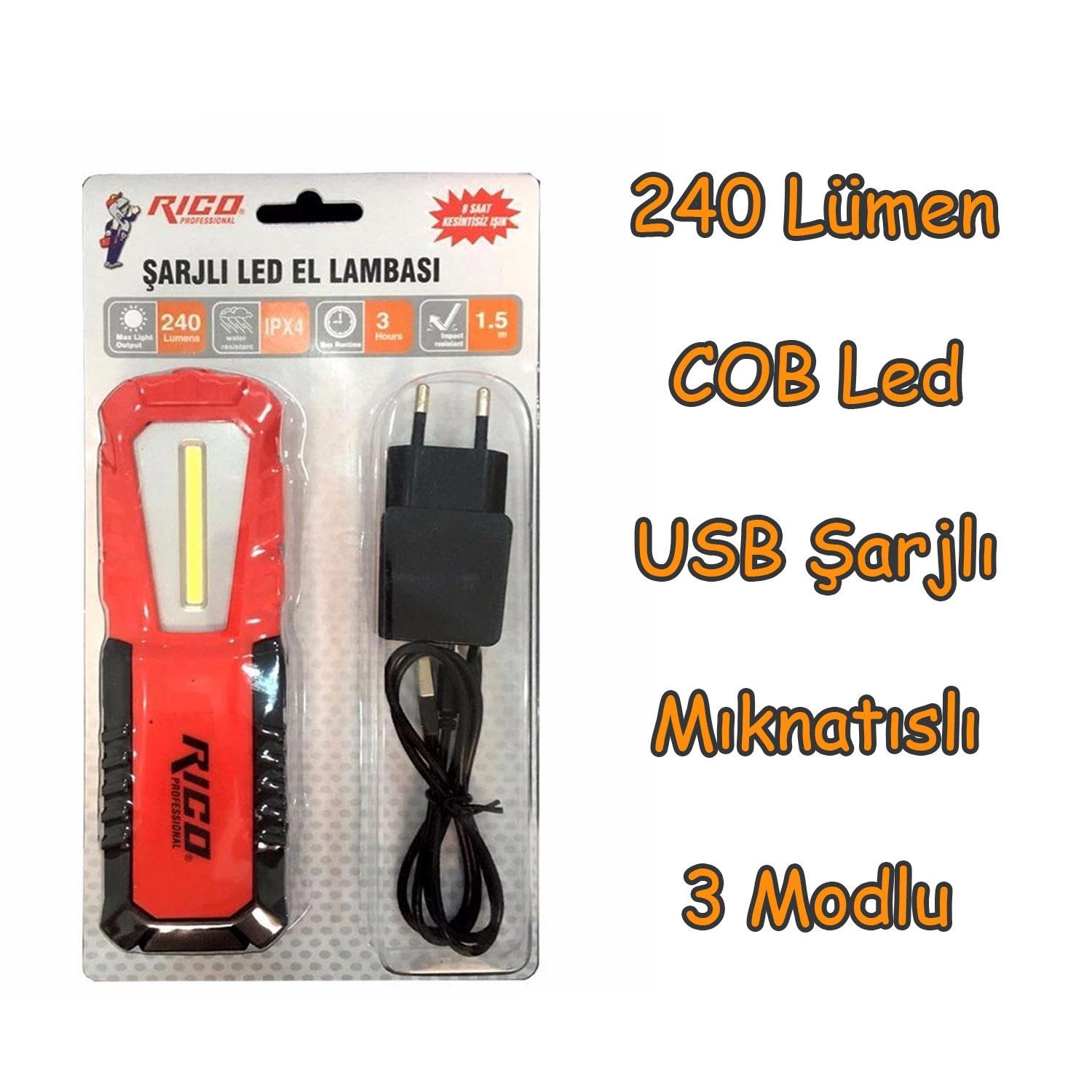 Rico RC0037 Ledli El Feneri Lambası 3 Modlu 240 Lümen Şarjlı Mıknatıslı Oto Tamir Spor Kamp IPx4 Fener
