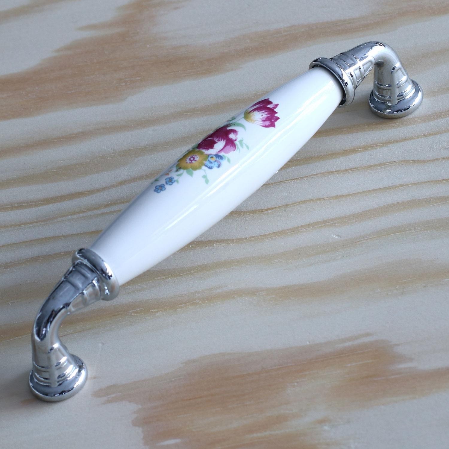 Gerçek Porselen Kulp Çiçekli Beyaz 128 mm Mobilya Mutfak Kulplar Dolabı Çekmece Dolap Kapak Kulpu