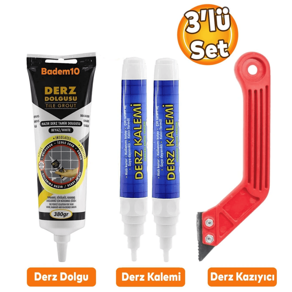 Fayans Beyaz Derz Yenileme Seti 380 Gr Derz Dolgu + Derz Kazıyıcı + 2'li Derz Kalemi (3'lü Set)