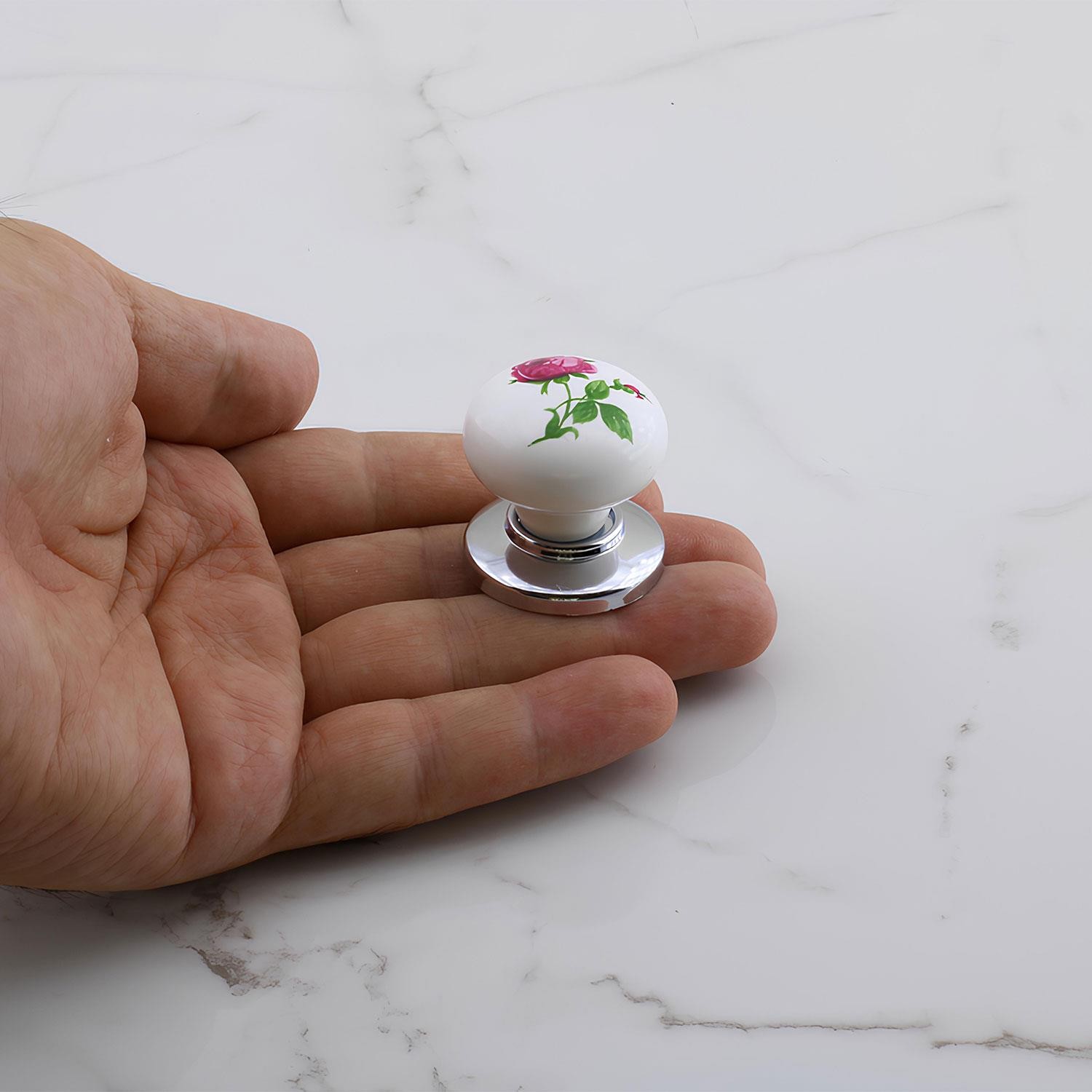 Polimer Düğme Kulp Gül Desenli Krom Tabla Mobilya Mutfak Dolabı Çekmece Dolap Kulpu Kulbu 5 ADET