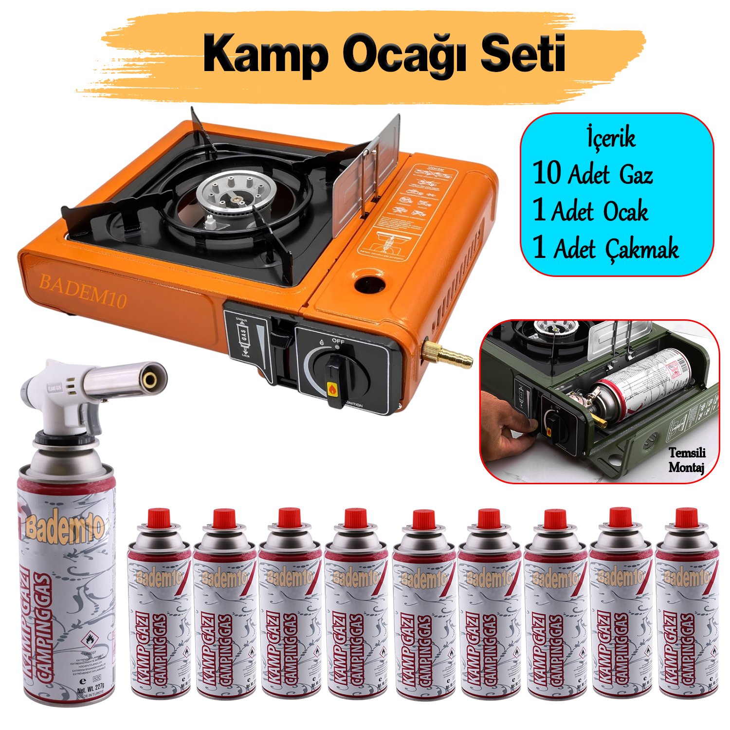 Portatif Taşınabilir Kamp Ocağı Tek Gözlü (10 Adet) Gaz Kartuşlu Tüp Uyumlu Bağlantı Piknik Ocak