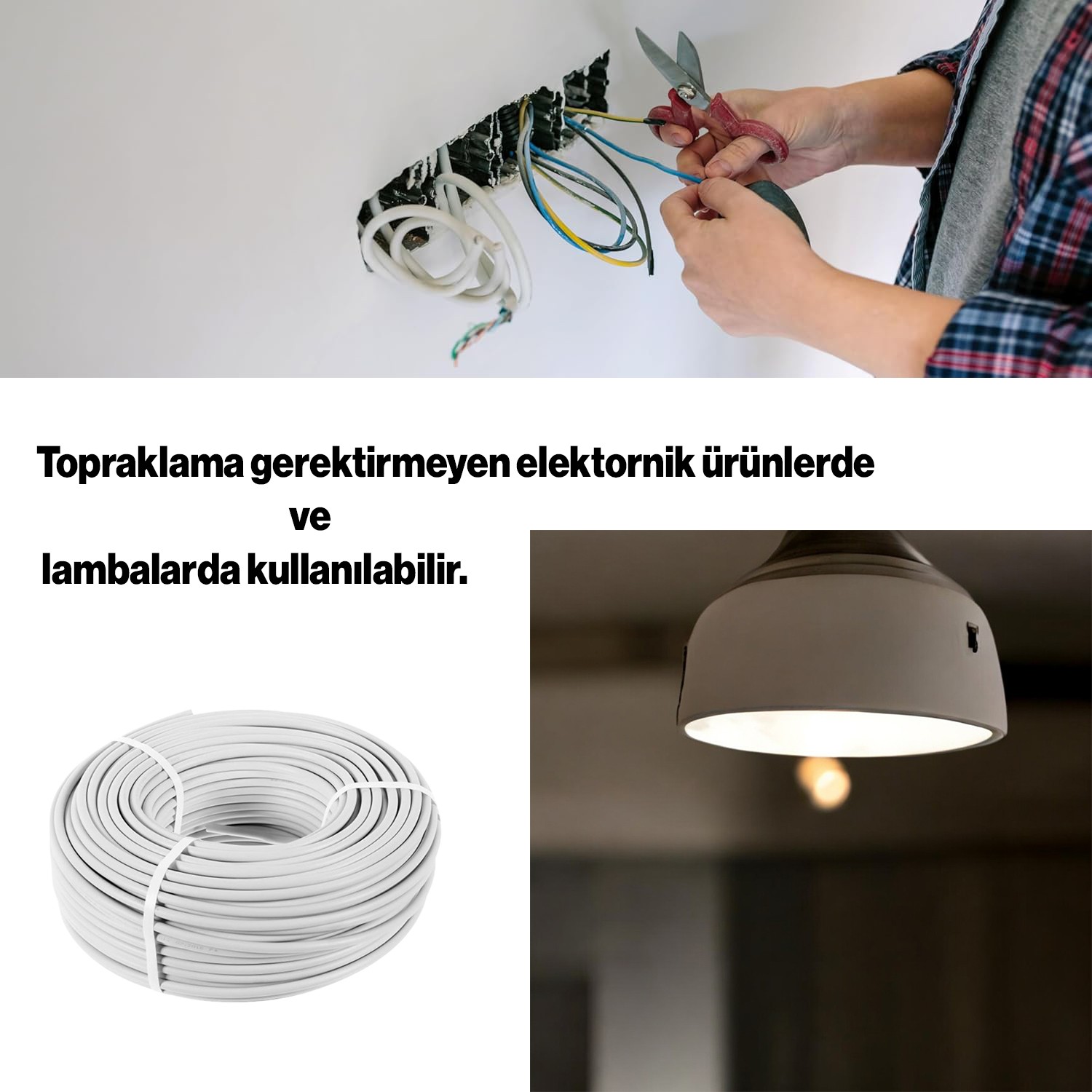 TTR CCA Çok Telli Elektrik Kablosu Bakır İletken Damarlı Beyaz Kablo 2x0.75 mm 100 Metre