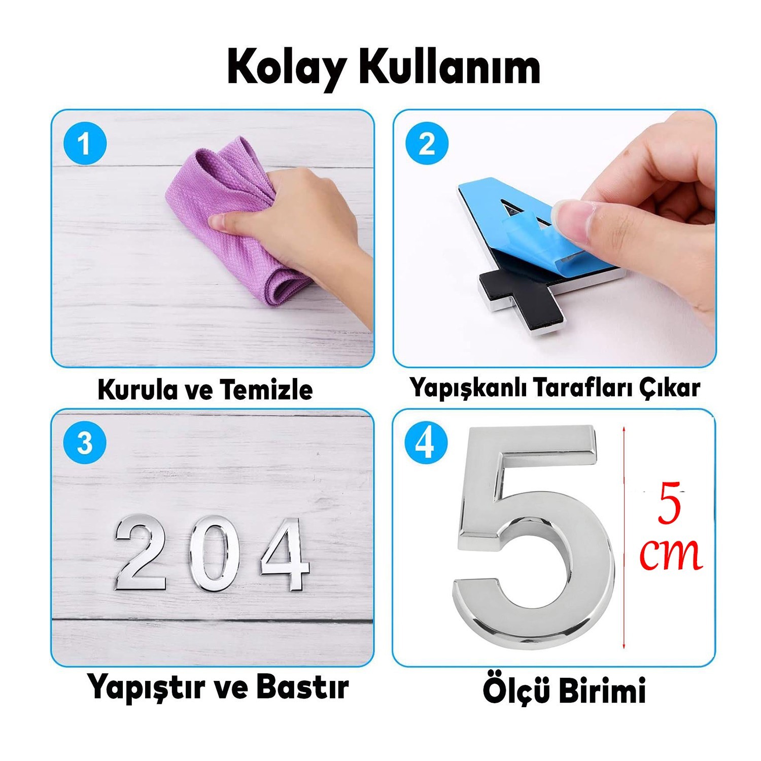 Yapışkanlı Kapı Numarası Küçük Boy 50 mm 5 cm Numara 5 Rakam Beş Sayısı Krom Renk Numaralar 1 Adet