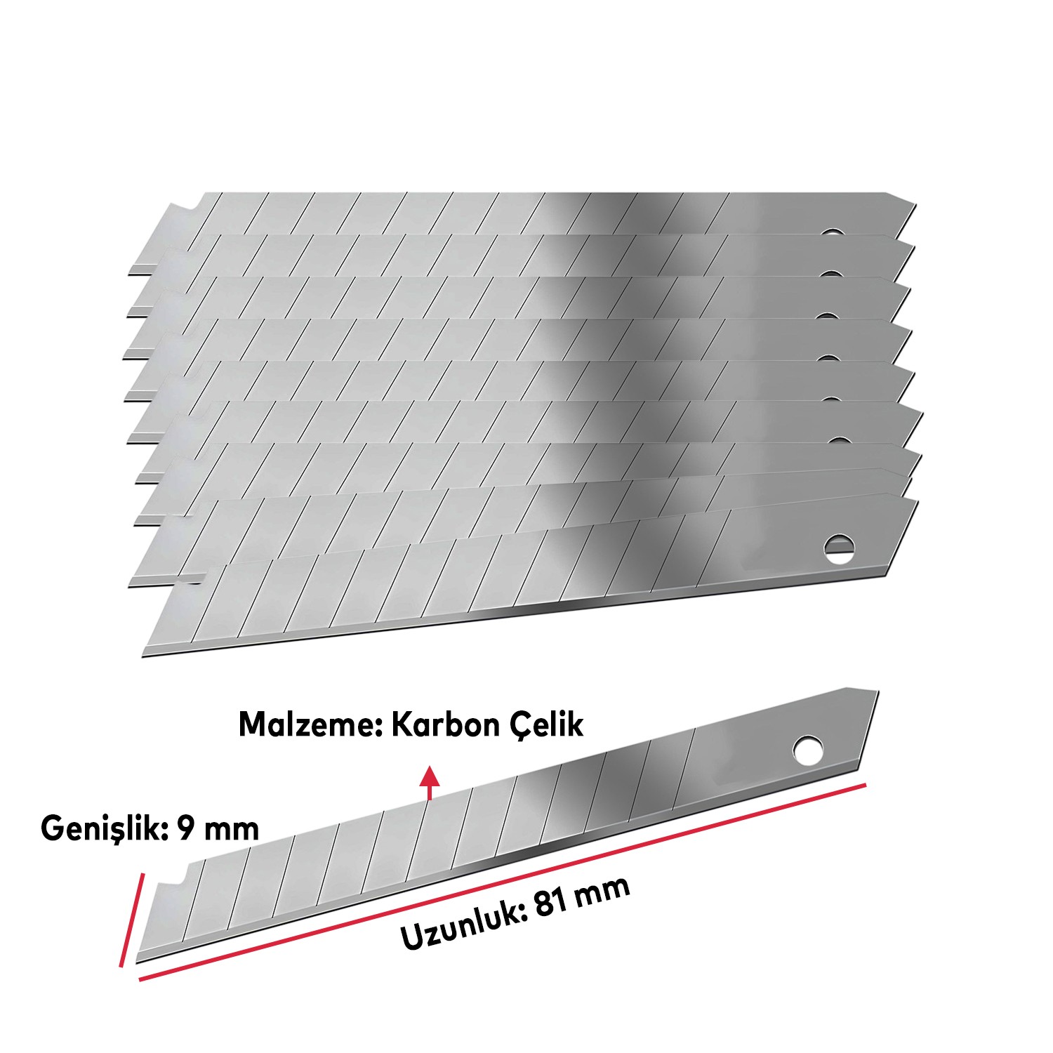İthal 10'lu 10 Adet 9 mm x 81 mm Maket Bıçağı Yedeği Ucu Kırılabilir Yedek Uç Bıçak Ucu  Jilet