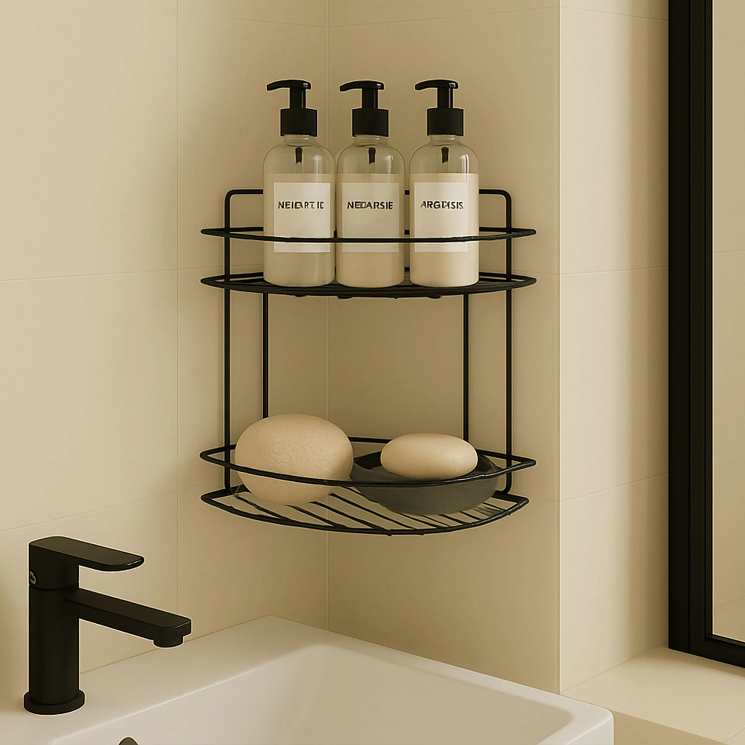 Siyah İki Katlı Vidalı Duş Şampuanlık Köşe Rafı Banyo Organizeri Askılı Şampuanlık Düzenleyici