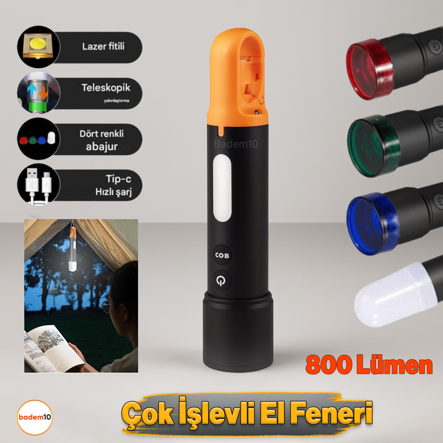 El Feneri 800 Lümen 2000 Metre Menzil 1200 mAh Şarjlı Powerbank Ledli Işık Lambası Su Geçirmez Kamp