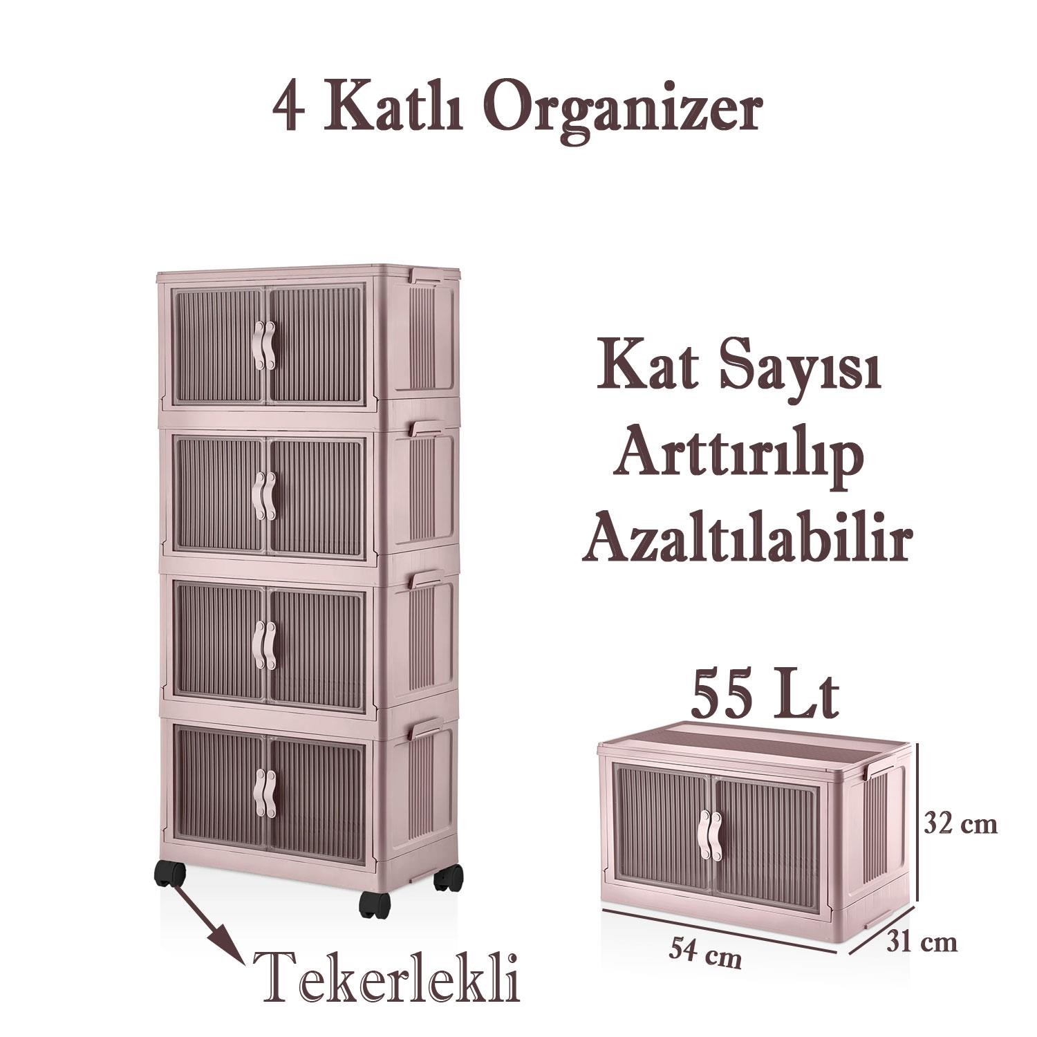 4 Katlı Dolap Saklama Kutusu Sepet Organizer Kapaklı Depolama Düzenleyici Kutu Raf Tekerlekli Pudra