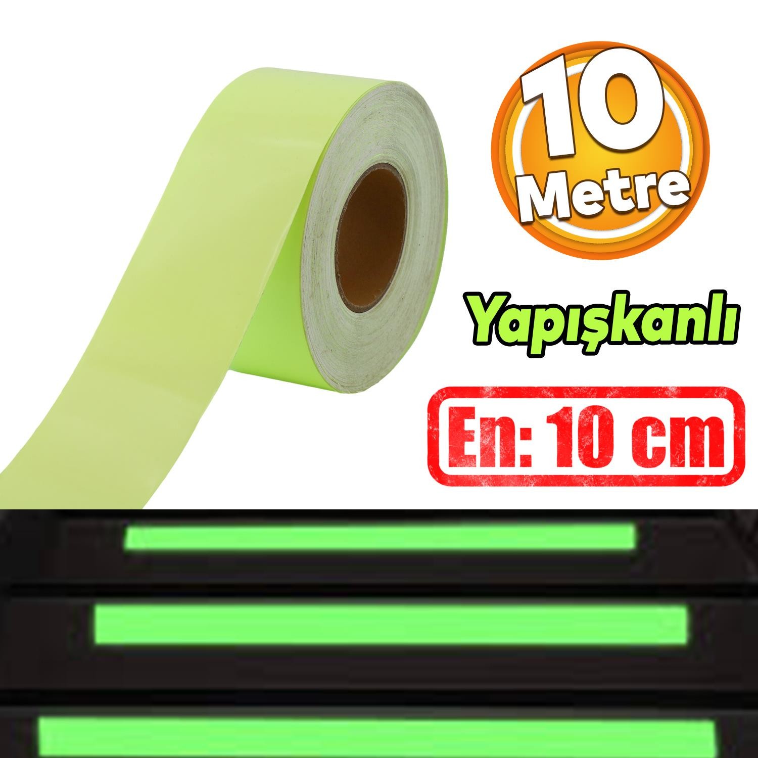 Fotolümen Gece Parlayan En 10 cm Reflektörlü 10 Mt İkaz Yeşil Fosforlu Reflektif Düz Şerit Bant 