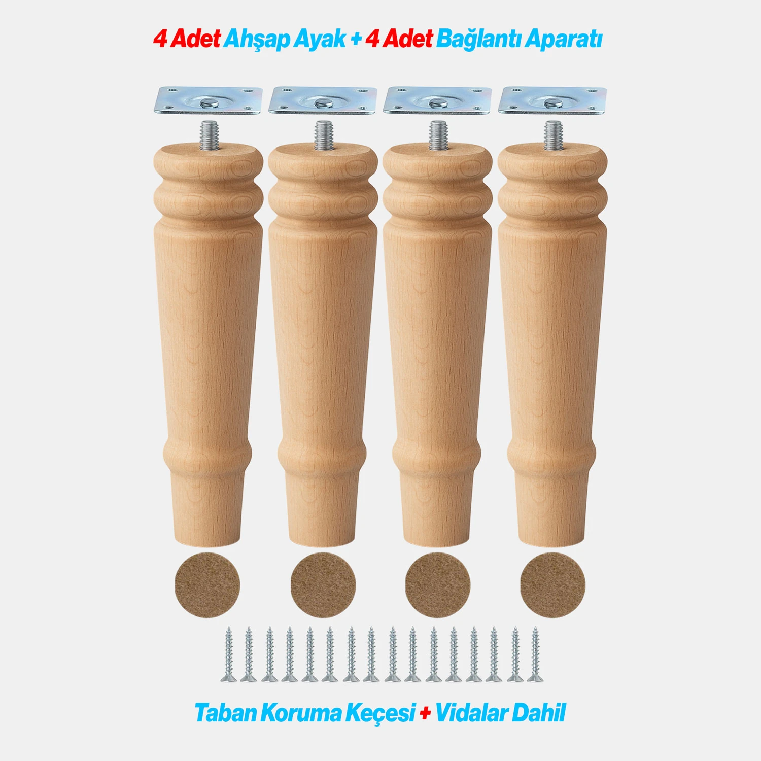 Bohem 20 cm Doğal Ahşap Ayak 4 ADET SET Boyasız Silindir Mobilya Koltuk Kanepe Ayağı Aparat Dahil