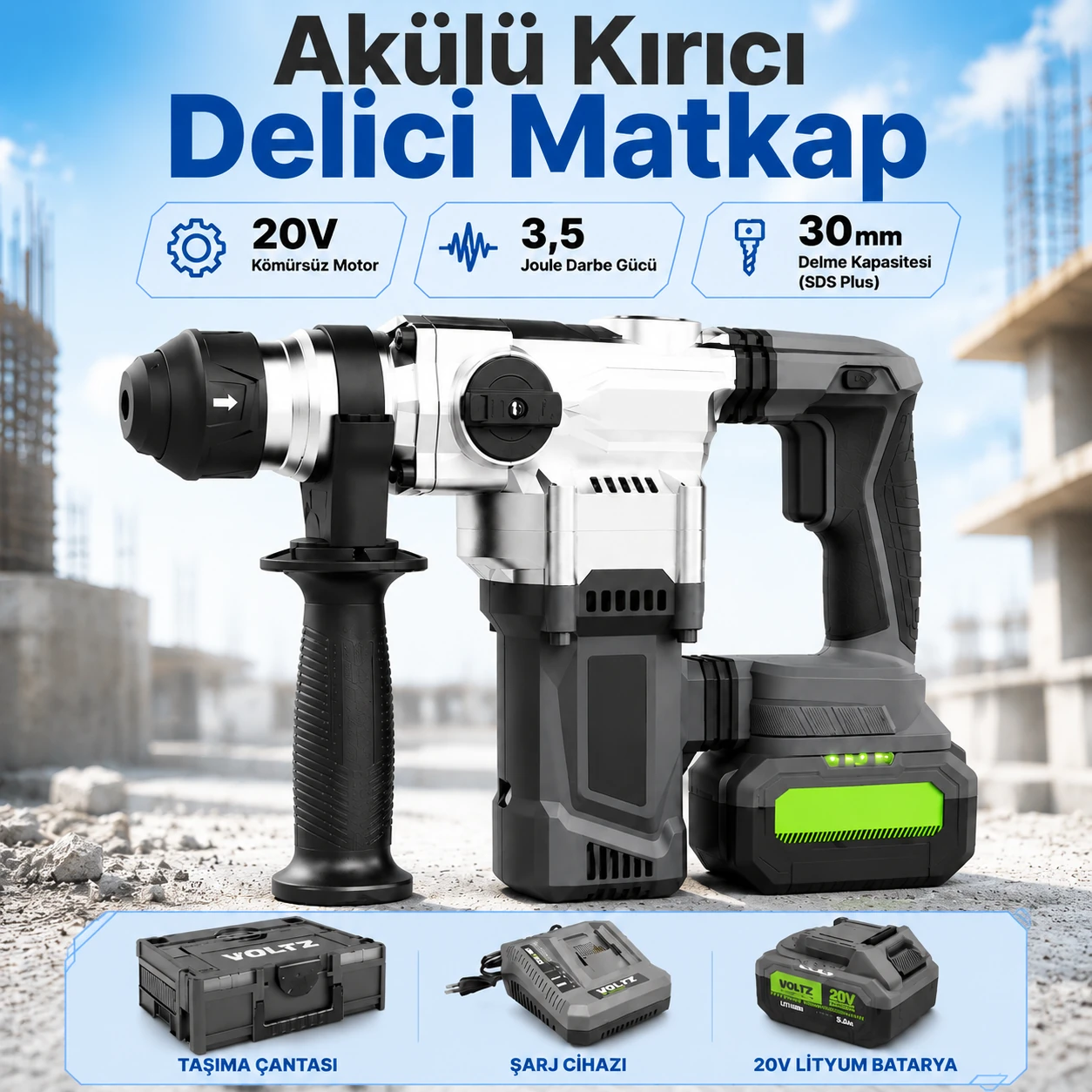 20V Akülü Kırıcı Delici SDS Plus Kömürsüz Motor 3.5J Darbeli
