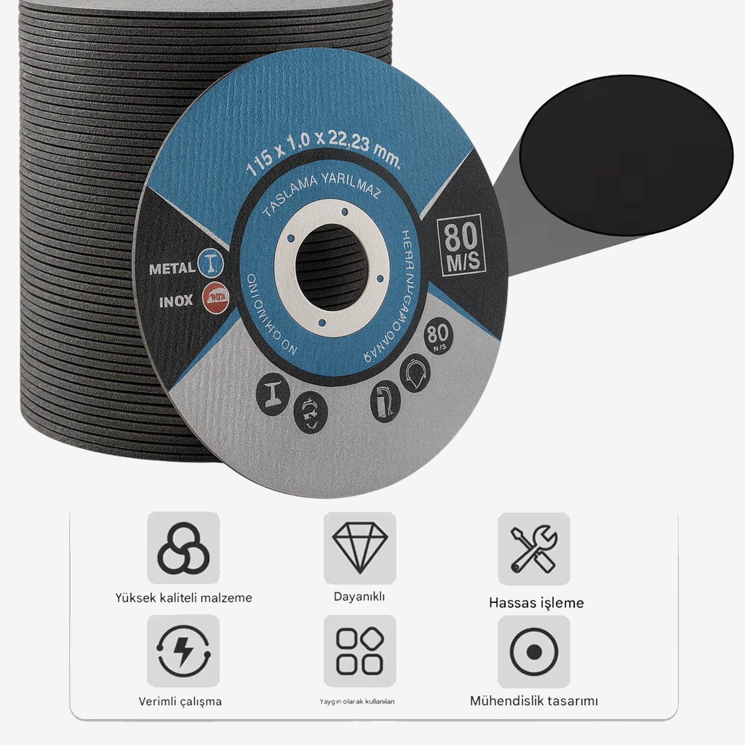 İnox Metal Kesici (50 Adet) Kesme Diski 115x1,0x22,23 mm İnce Taş Disk Spiral Demir Kesici Disk