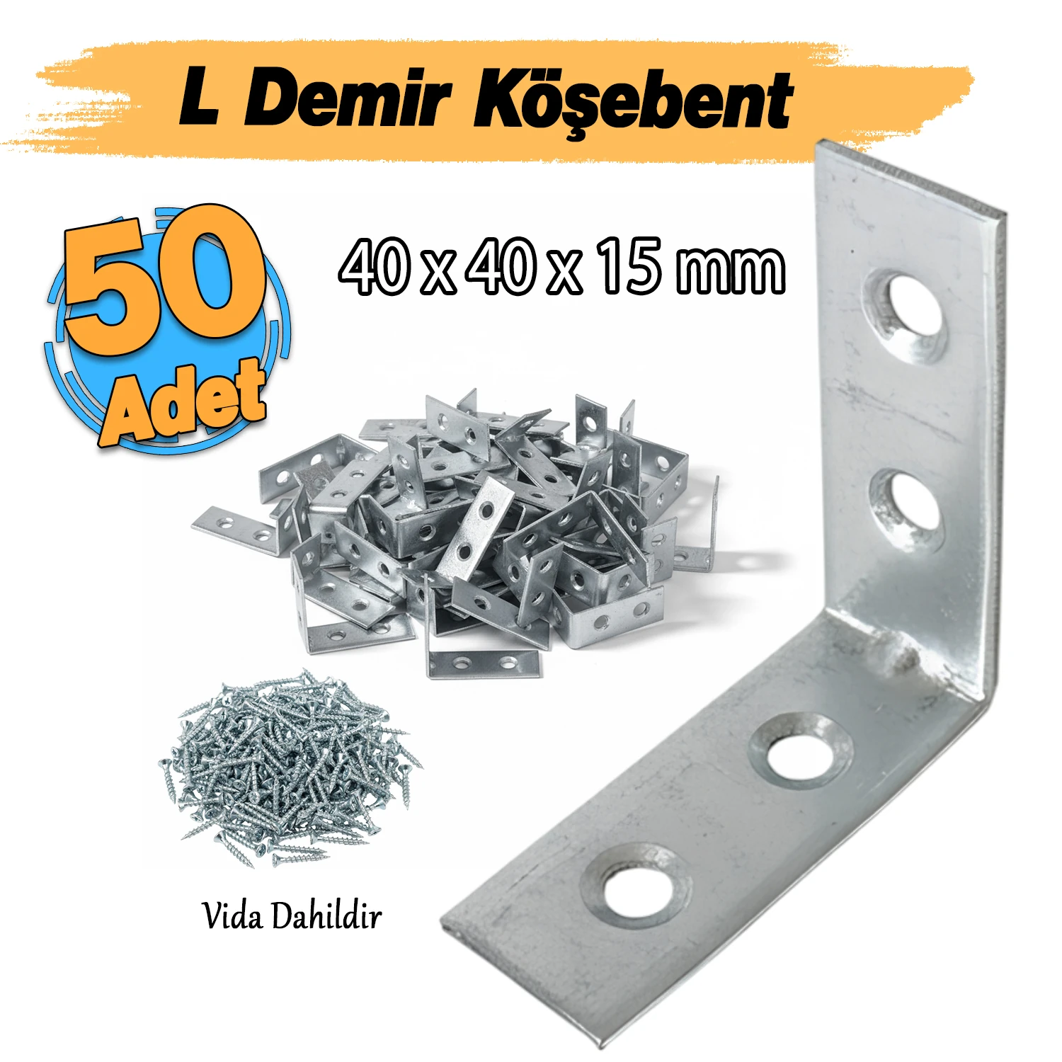 (50 ADET) Metal Köşebent 40x40x15 mm Kalın L Demiri Gönye Mobilya Duvar Sabitleme Bağlantı Aparatı