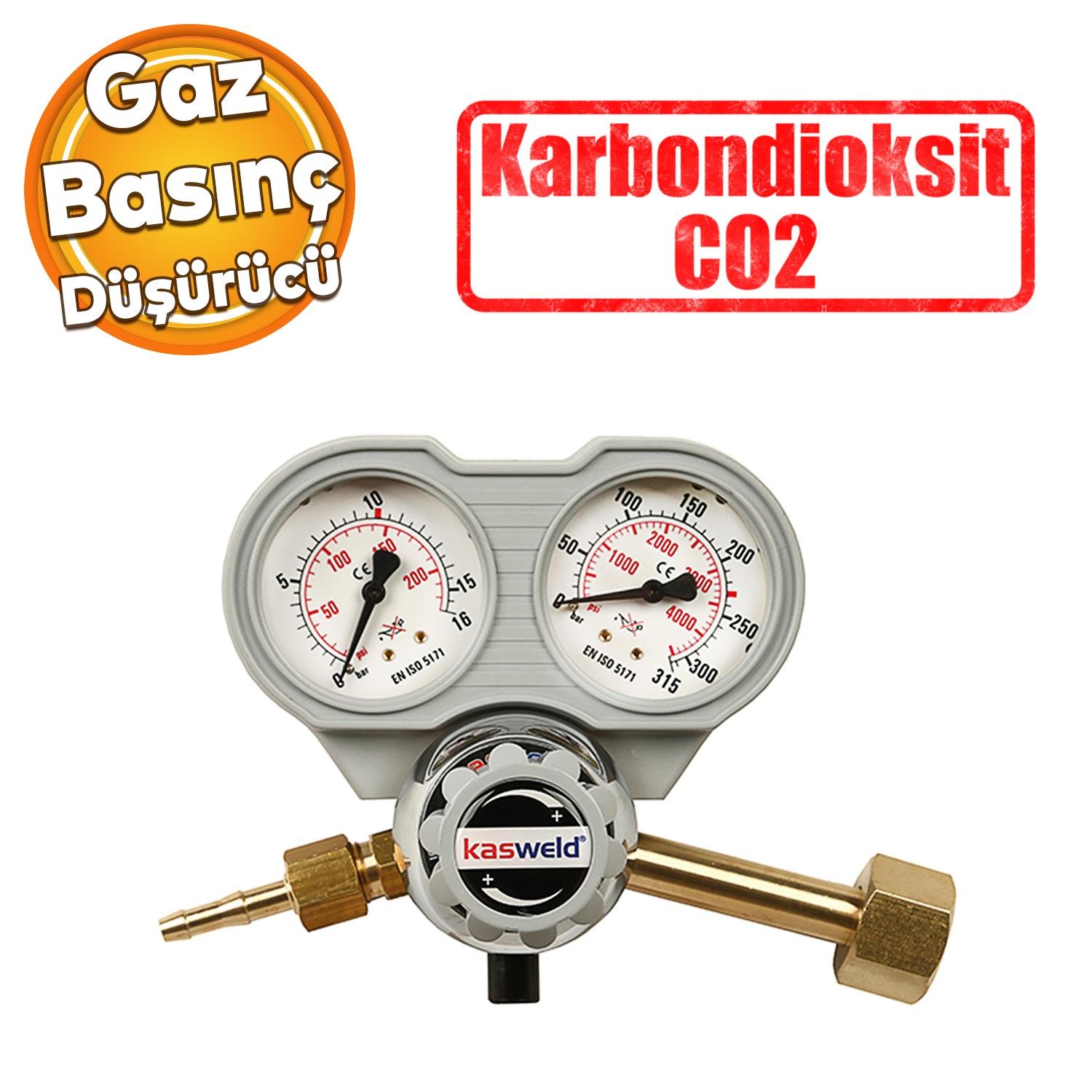 Kasweld 2104 Serisi Karbondioksit CO2 Gaz Basınç Düşürücü Çift Manometreli Tüp Regülatör Kaliteli