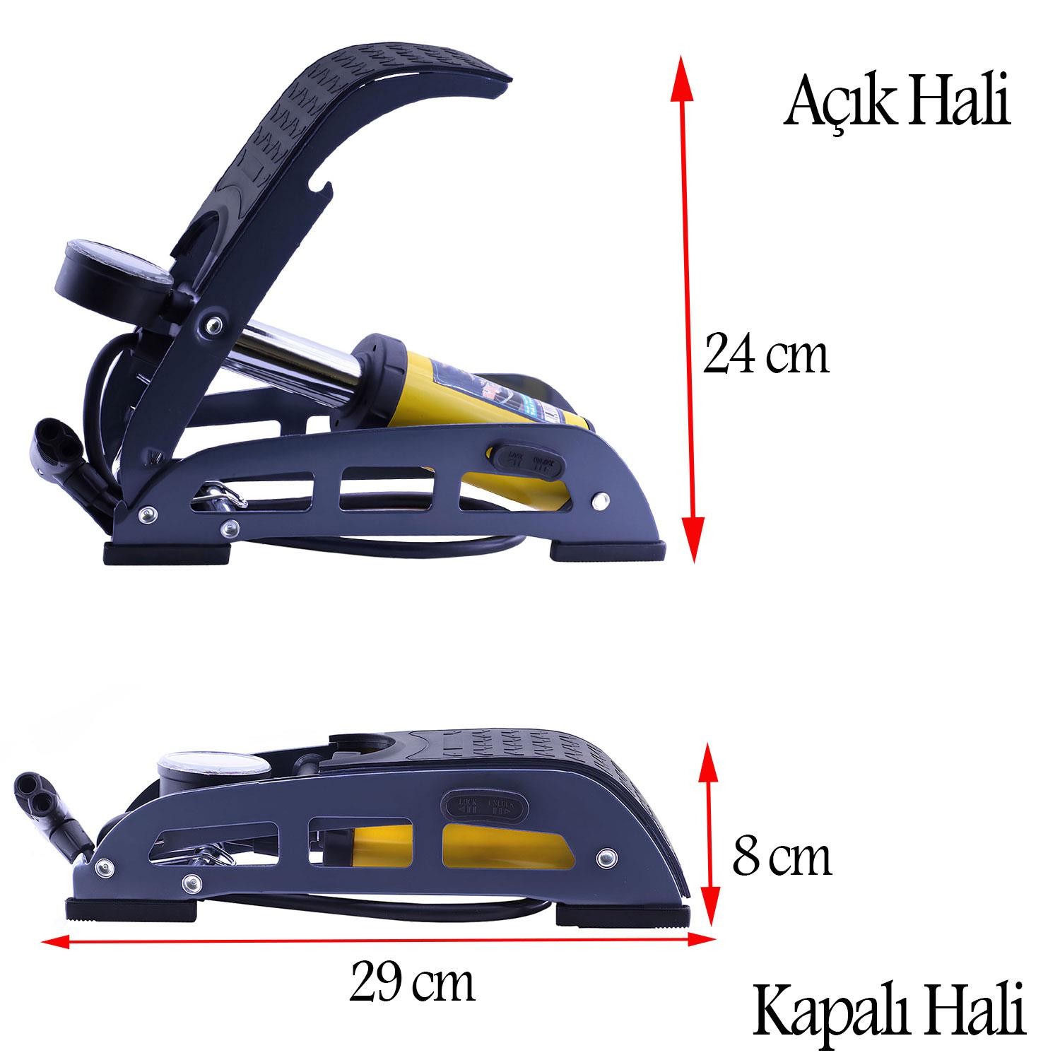 Ayak Tipi Hava Pompası Tekli Göstergeli Kilitli Teker Araç Bisiklet Top Pompası