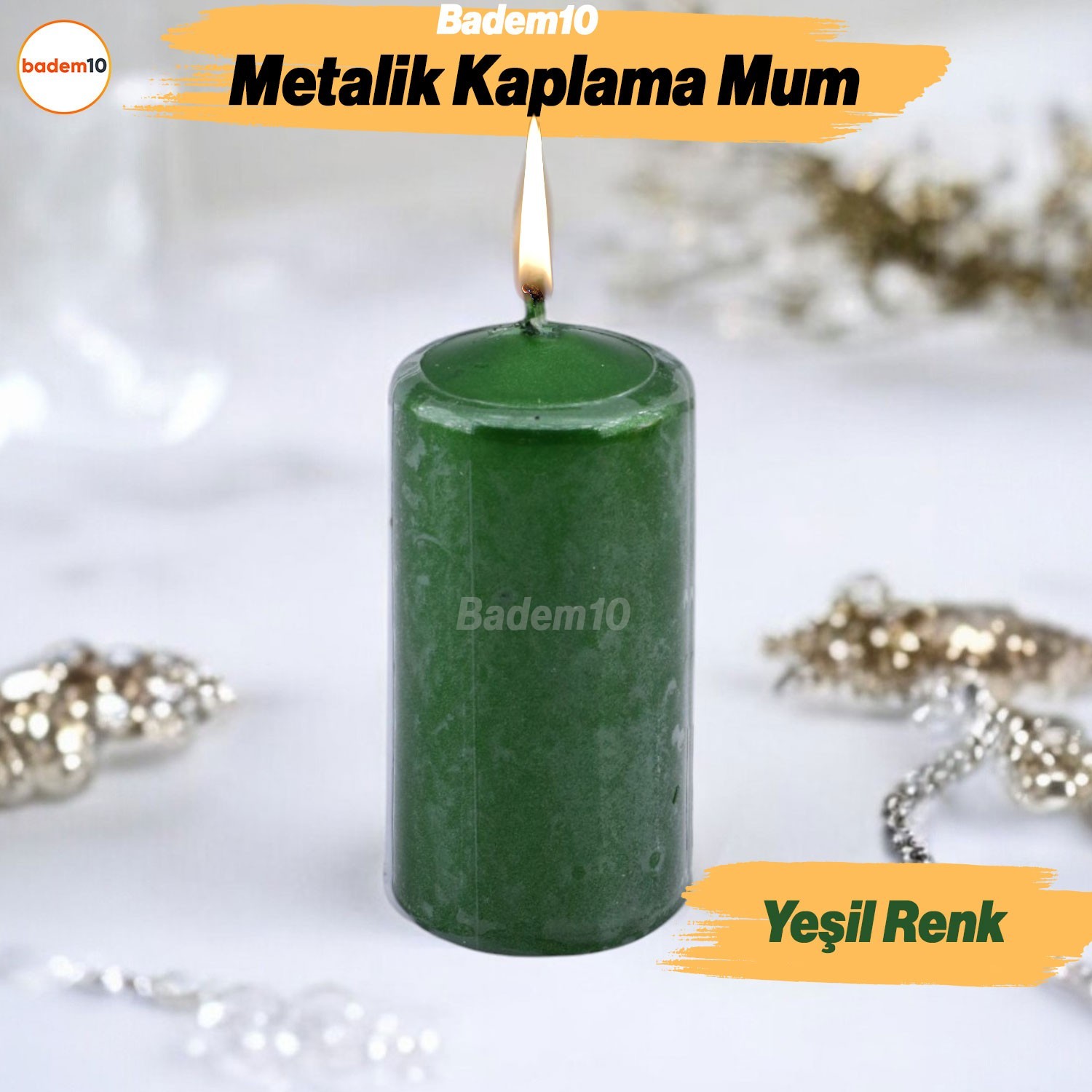 Baton Mum Metalik Kaplama Yeşil Silindir Dekoratif Mumu Kandil Hediyelik Mumlar Şamdan Kokusuz 8 cm