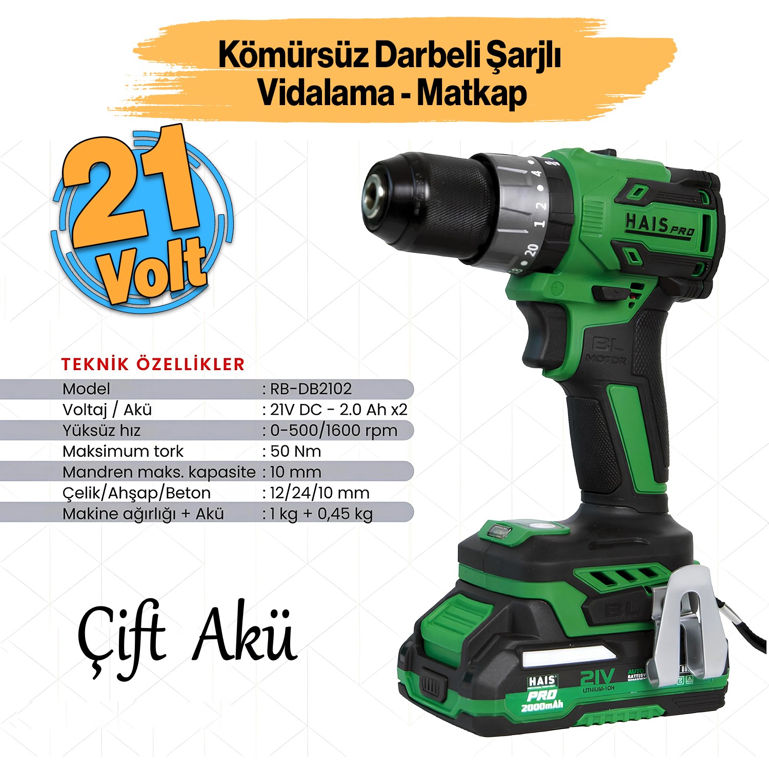 Kömürsüz Çift Akülü Darbeli Akülü Vidalama Li-ion Batarya 21 V Çift Vitesli Led Işıklı Metal Mandren
