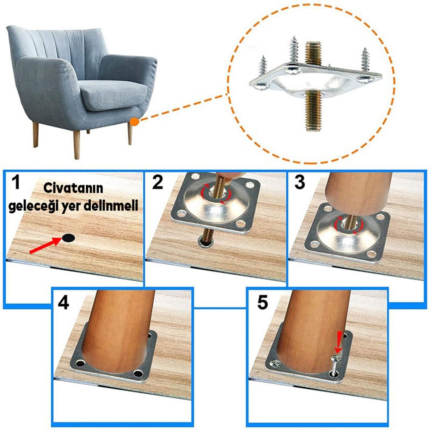 4'lü Set Ahşap 12 cm Mobilya Koltuk Kanepe Sehpa Masa Ayağı Ayakları M8 Civatalı Bağlantı Aparatlı