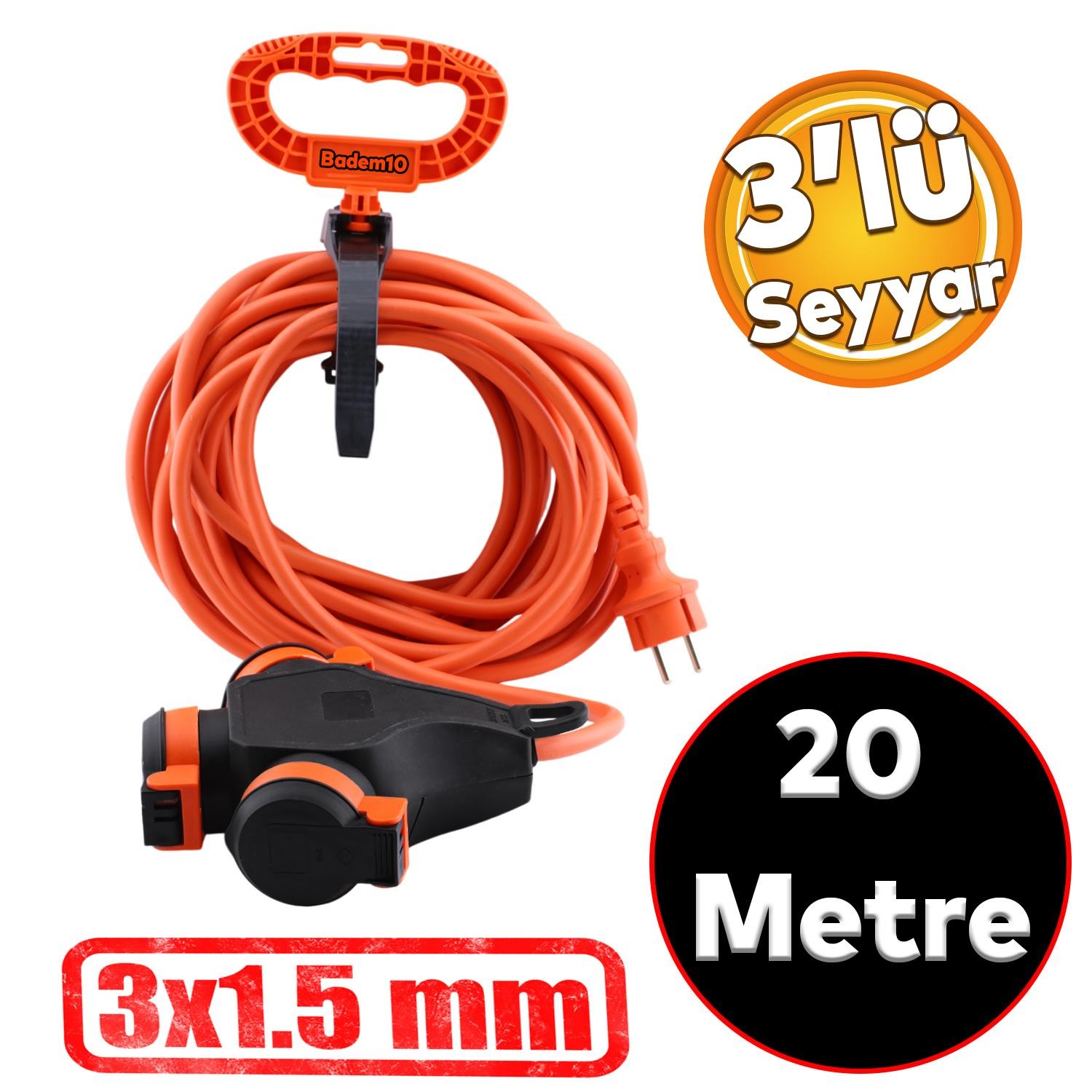 Bylion Monofaze Çoğaltıcı Seyyar Topraklı 3'lü Grup Priz Fiş 20 Metre Çoklu Asmalı Uzatma Kablosu 3x1.5 mm